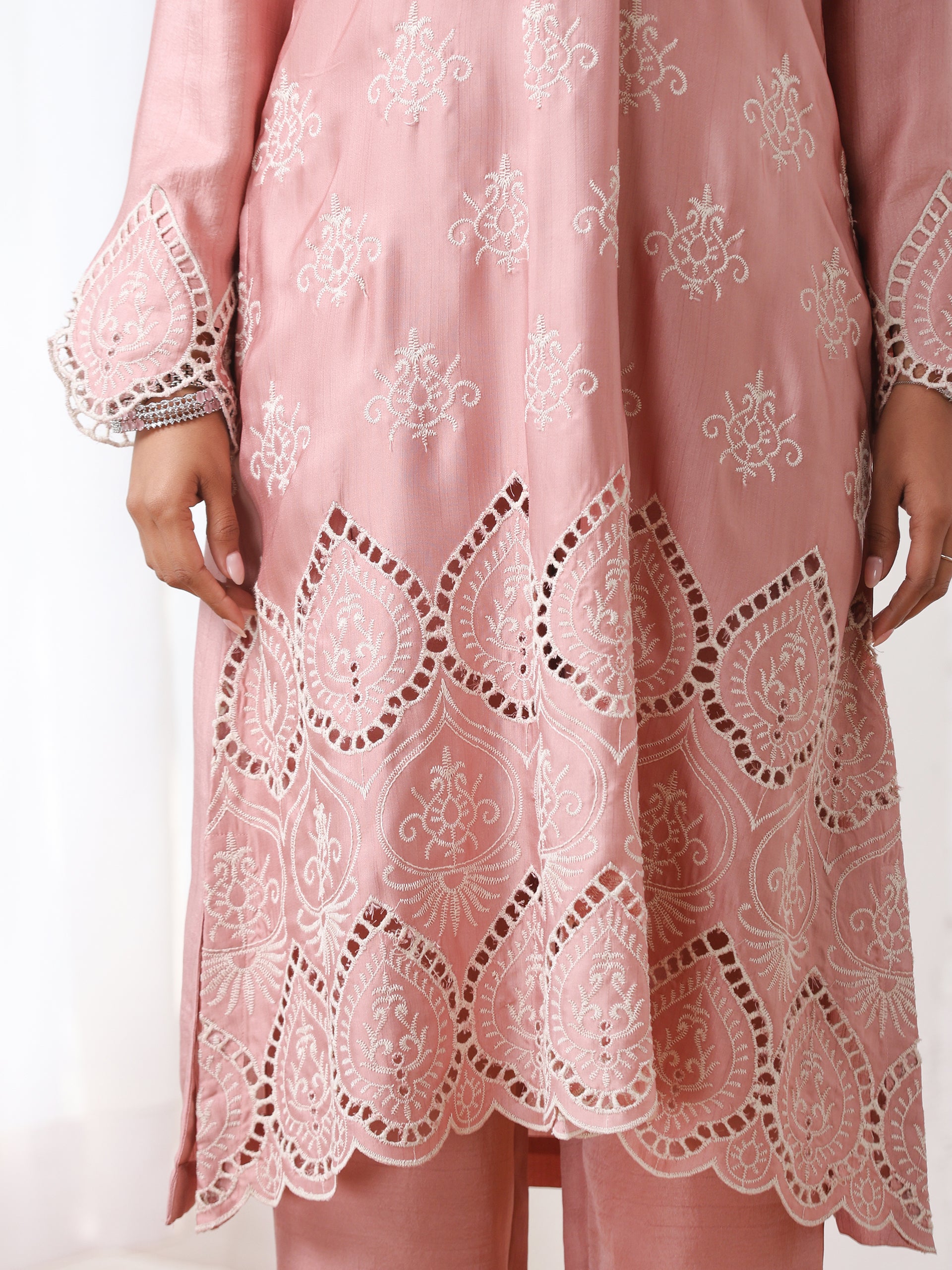 Women’s Pink Collar Suit Set with Pant | 2 Pc Set, Collar Design, Schiffli Embroidery, Full Sleeves, Work Wear, Casual (PRF'T Lux Duchess Satin Fabric)