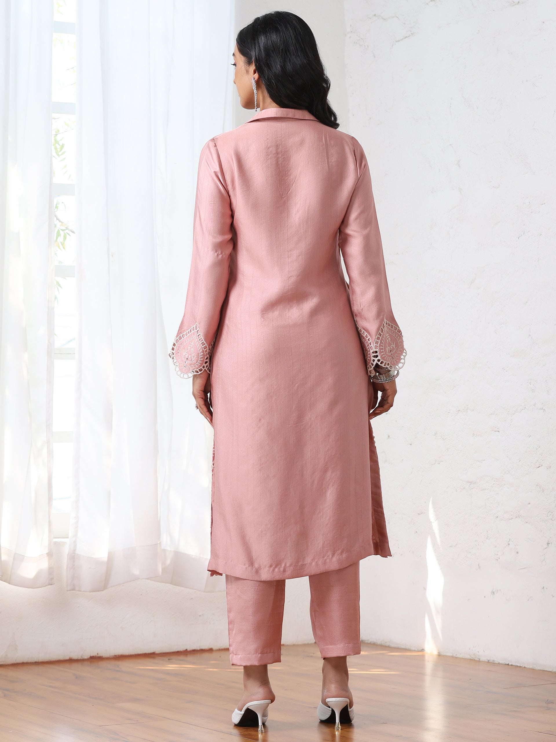 Women’s Pink Collar Suit Set with Pant | 2 Pc Set, Collar Design, Schiffli Embroidery, Full Sleeves, Work Wear, Casual (PRF'T Lux Duchess Satin Fabric)