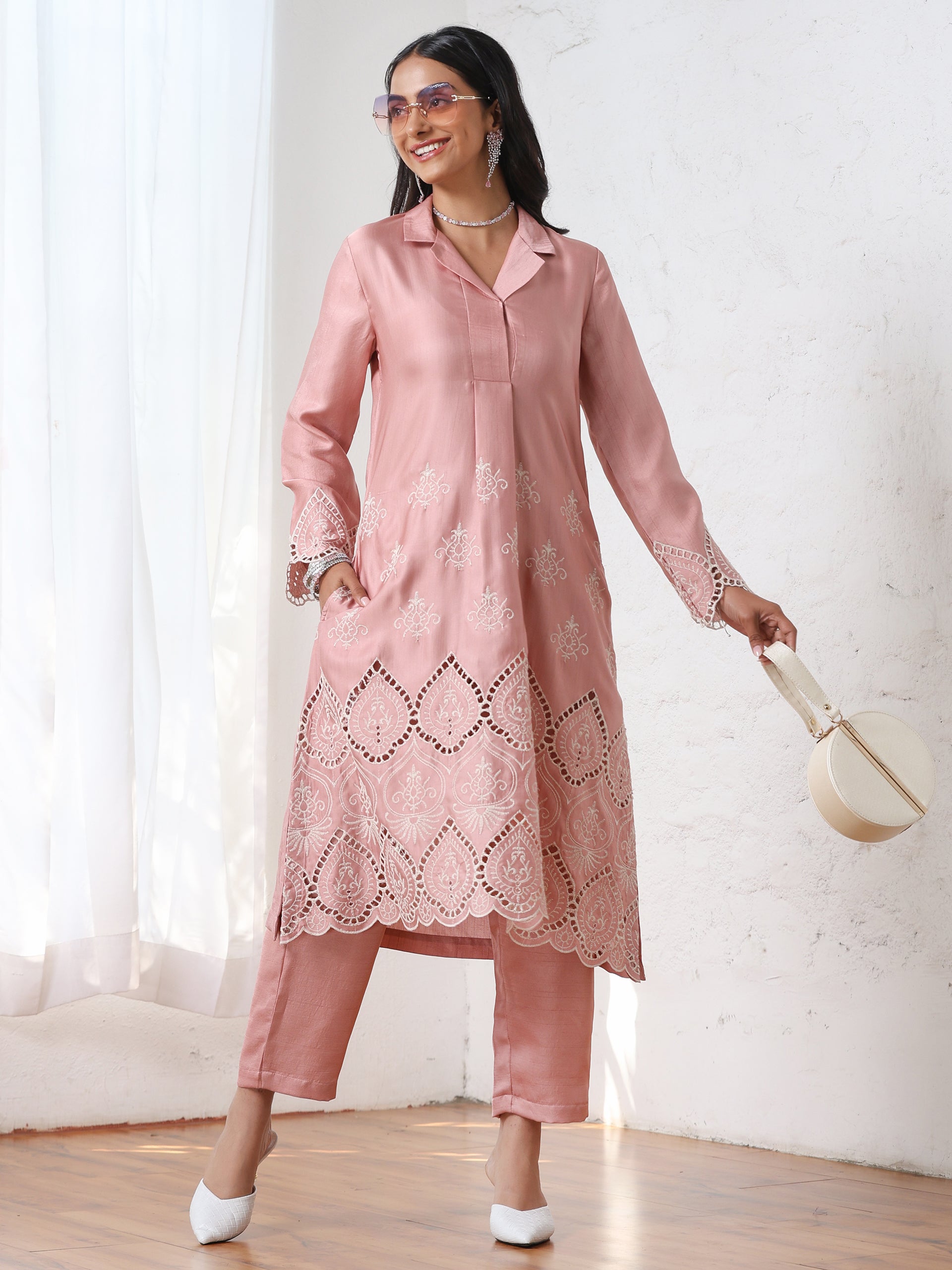 Women’s Pink Collar Suit Set with Pant | 2 Pc Set, Collar Design, Schiffli Embroidery, Full Sleeves, Work Wear, Casual (PRF'T Lux Duchess Satin Fabric)