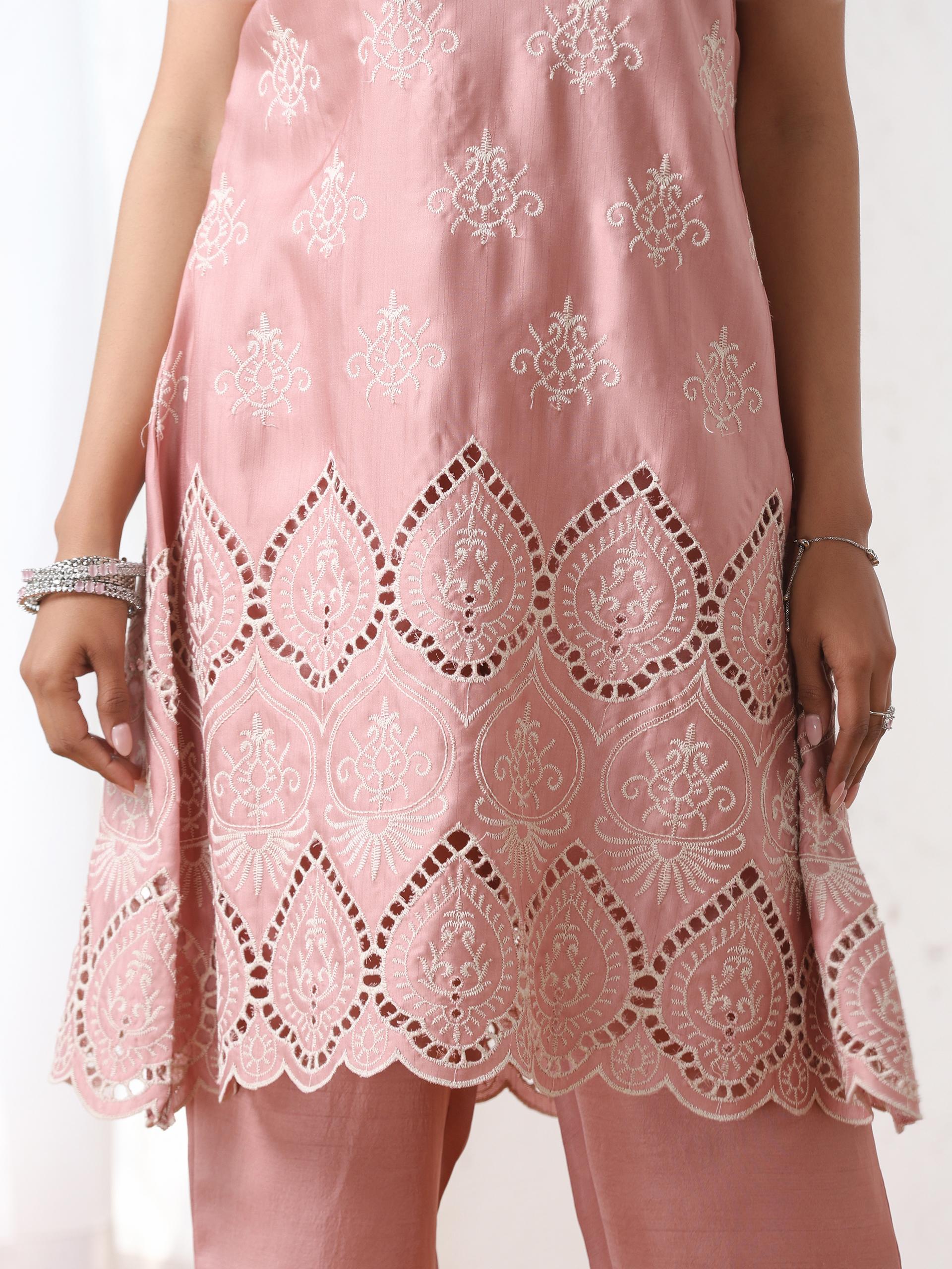 Women’s Pink Suit Set with Pant | 2 Pc Set, A-Line, Schiffli Embroidery on Kurta, Sleeveless Work Wear, Casual (PRF'T Lux Duchess Satin Fabric)
