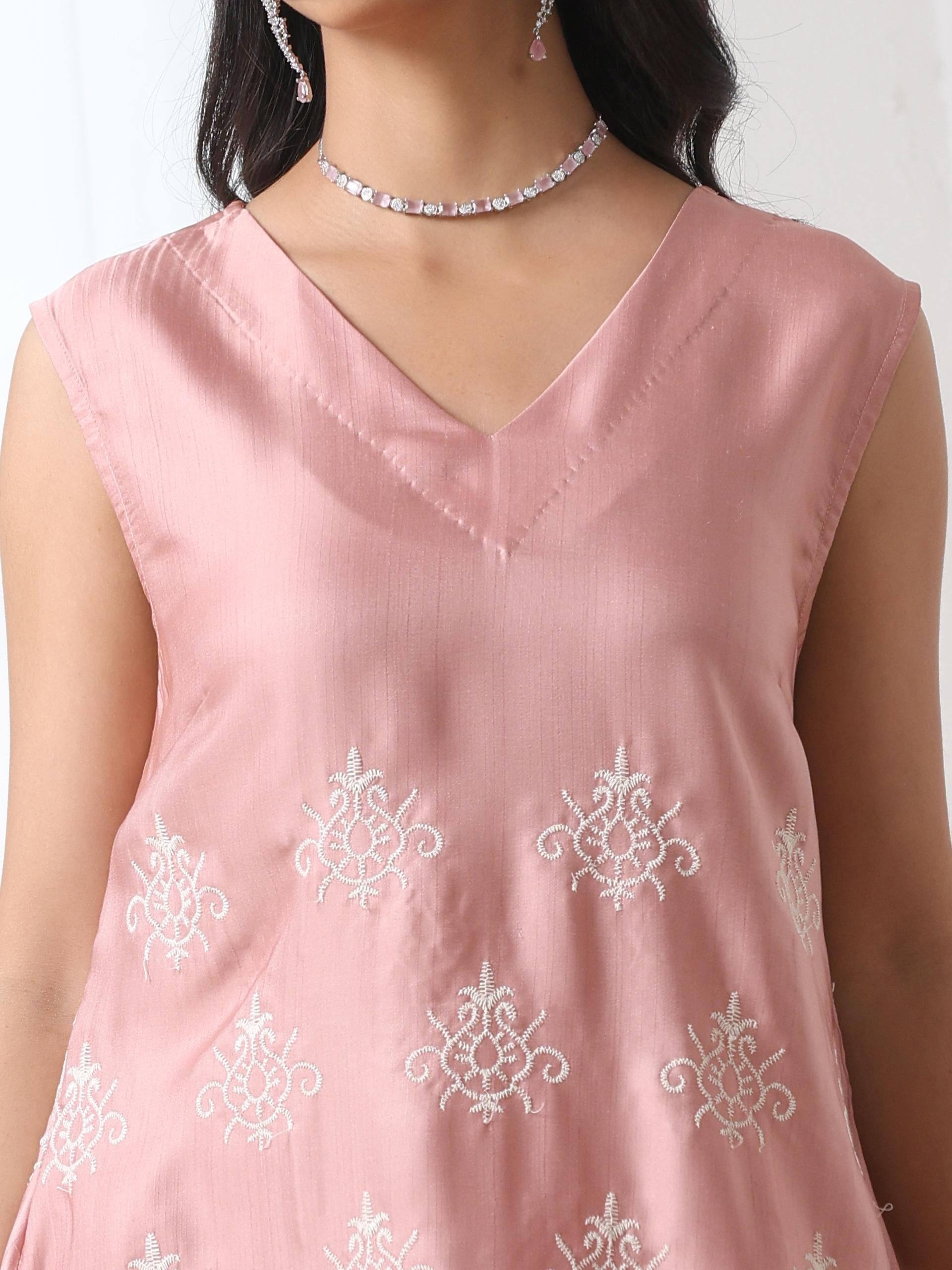 Women’s Pink Suit Set with Pant | 2 Pc Set, A-Line, Schiffli Embroidery on Kurta, Sleeveless Work Wear, Casual (PRF'T Lux Duchess Satin Fabric)