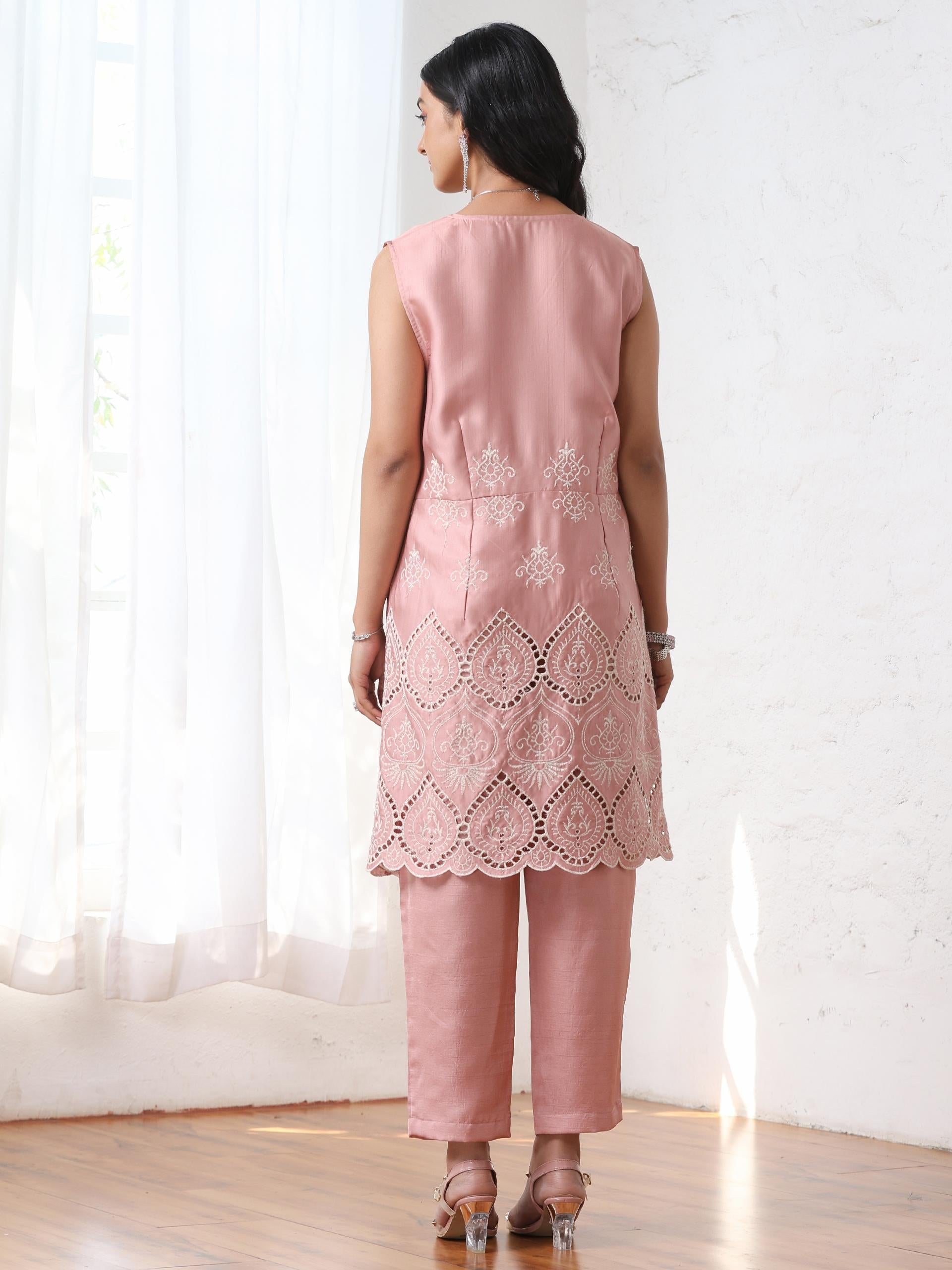 Women’s Pink Suit Set with Pant | 2 Pc Set, A-Line, Schiffli Embroidery on Kurta, Sleeveless Work Wear, Casual (PRF'T Lux Duchess Satin Fabric)