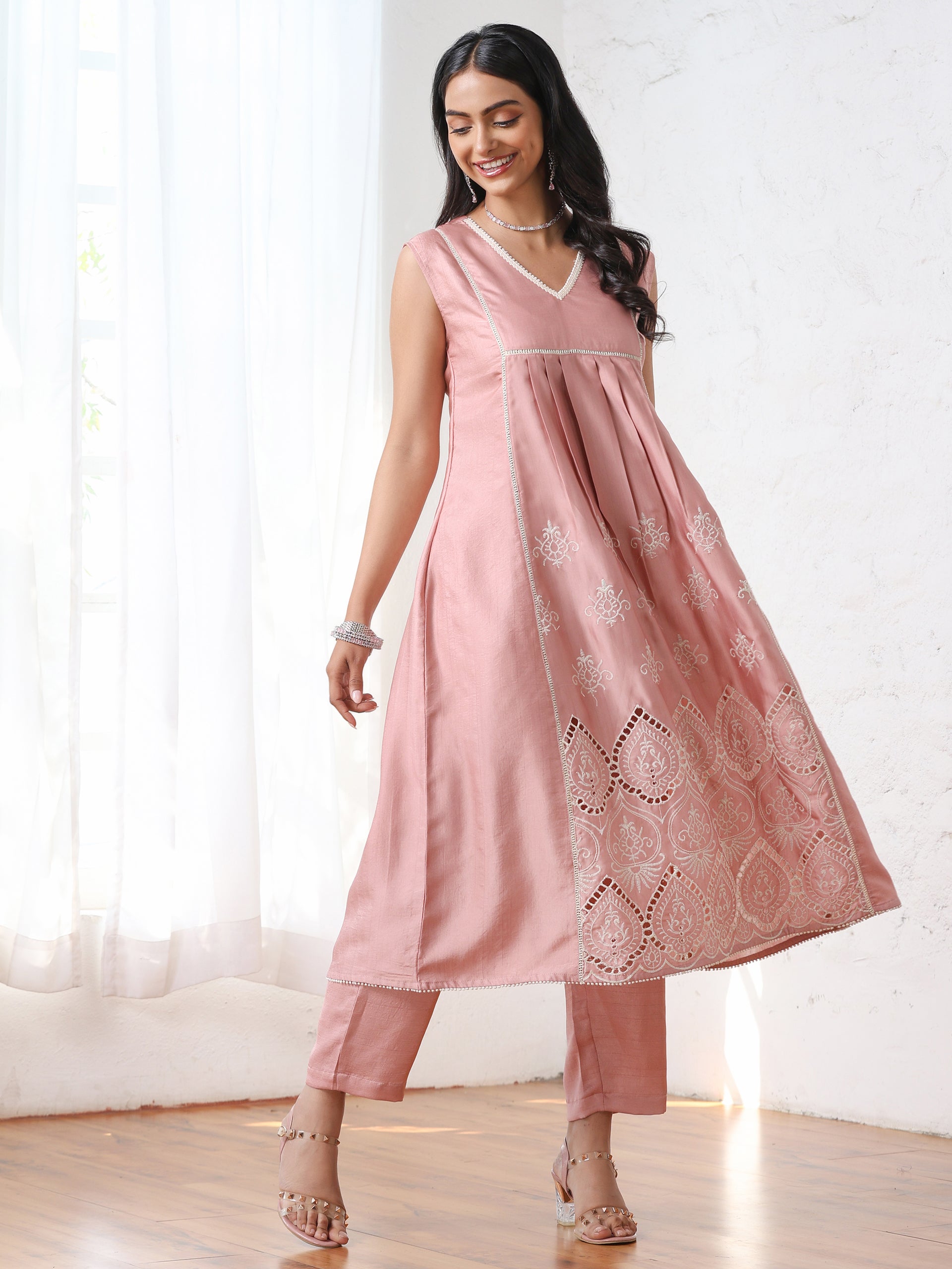 Women’s Pink Suit Set with Pant | 2 Pc Set, A-Line, Schiffli Embroidery on Front Panel, Sleeveless, Work Wear, Casual (PRF'T Lux Duchess Satin Fabric)
