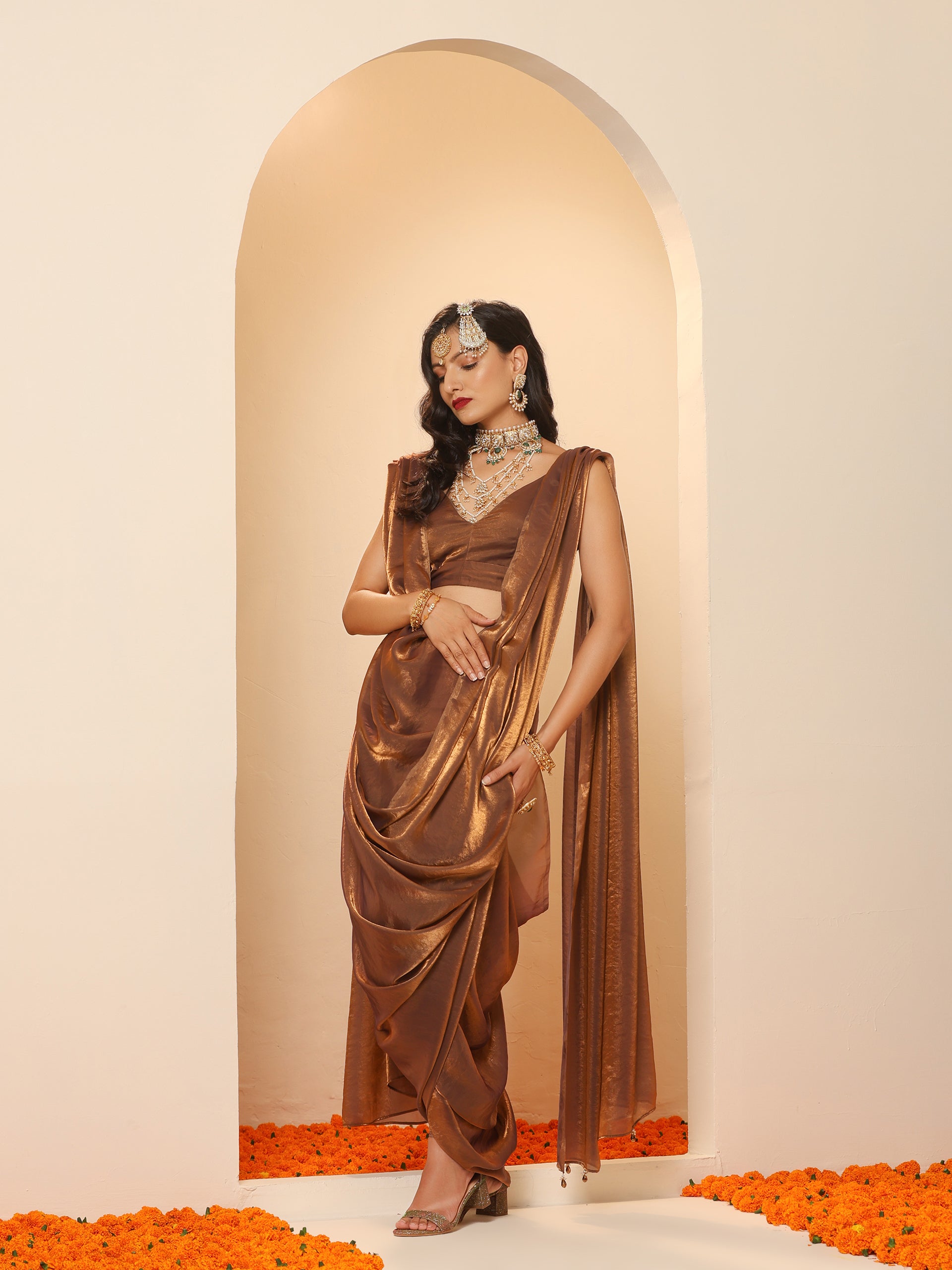 Arabian Glamour Gold Metallic Satin Saree with Beads with Blouse Fabric