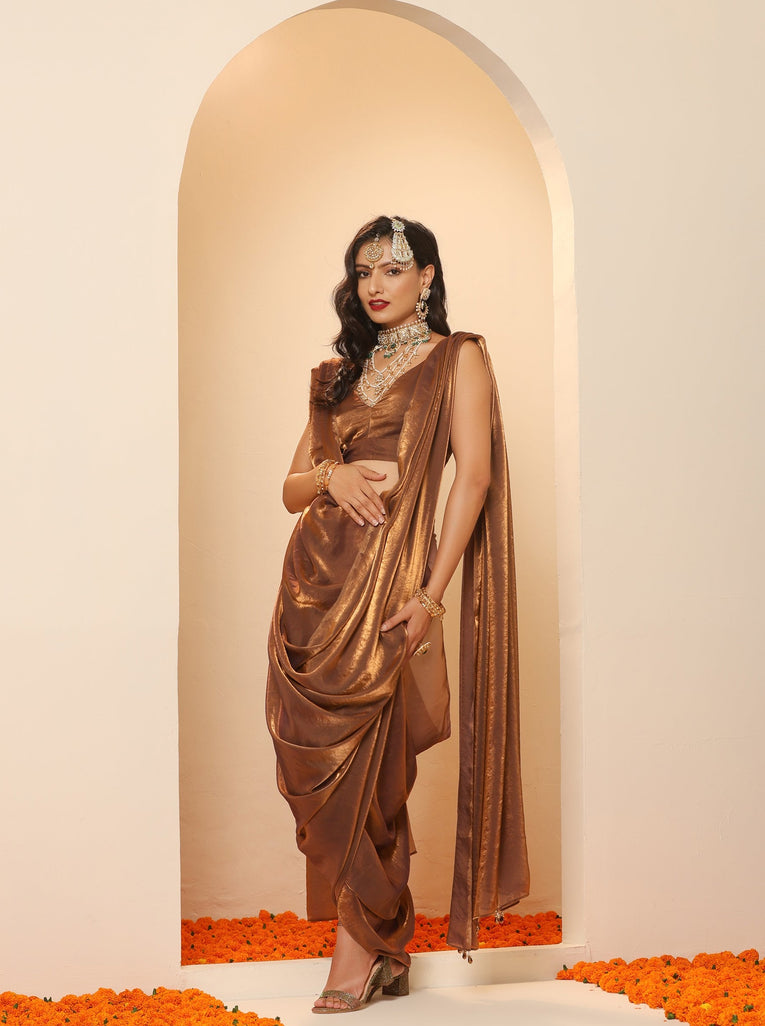 Arabian Glamour Gold Metallic Satin Saree with Beads with Blouse Fabric