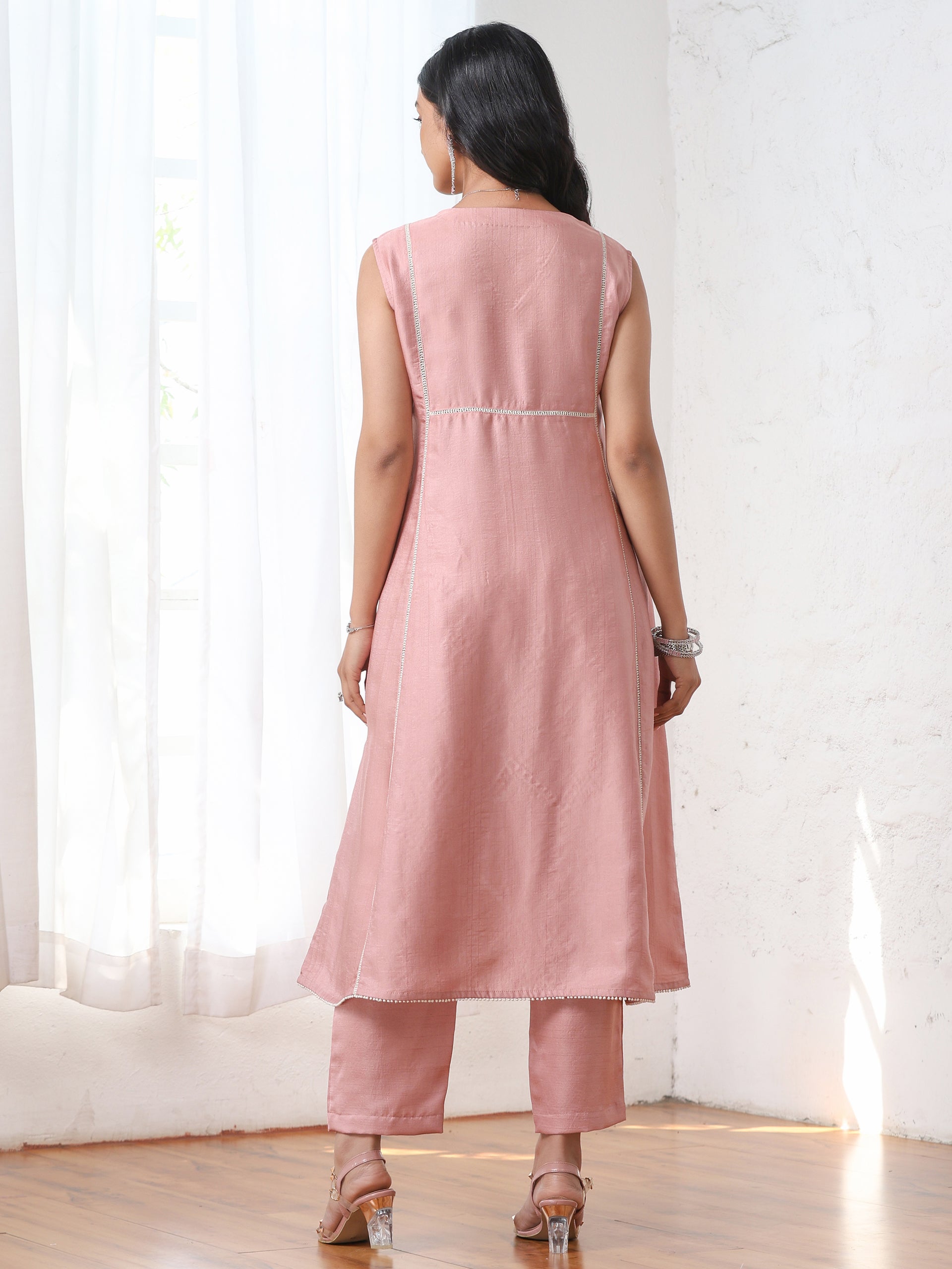 Women’s Pink Suit Set with Pant | 2 Pc Set, A-Line, Schiffli Embroidery on Front Panel, Sleeveless, Work Wear, Casual (PRF'T Lux Duchess Satin Fabric)