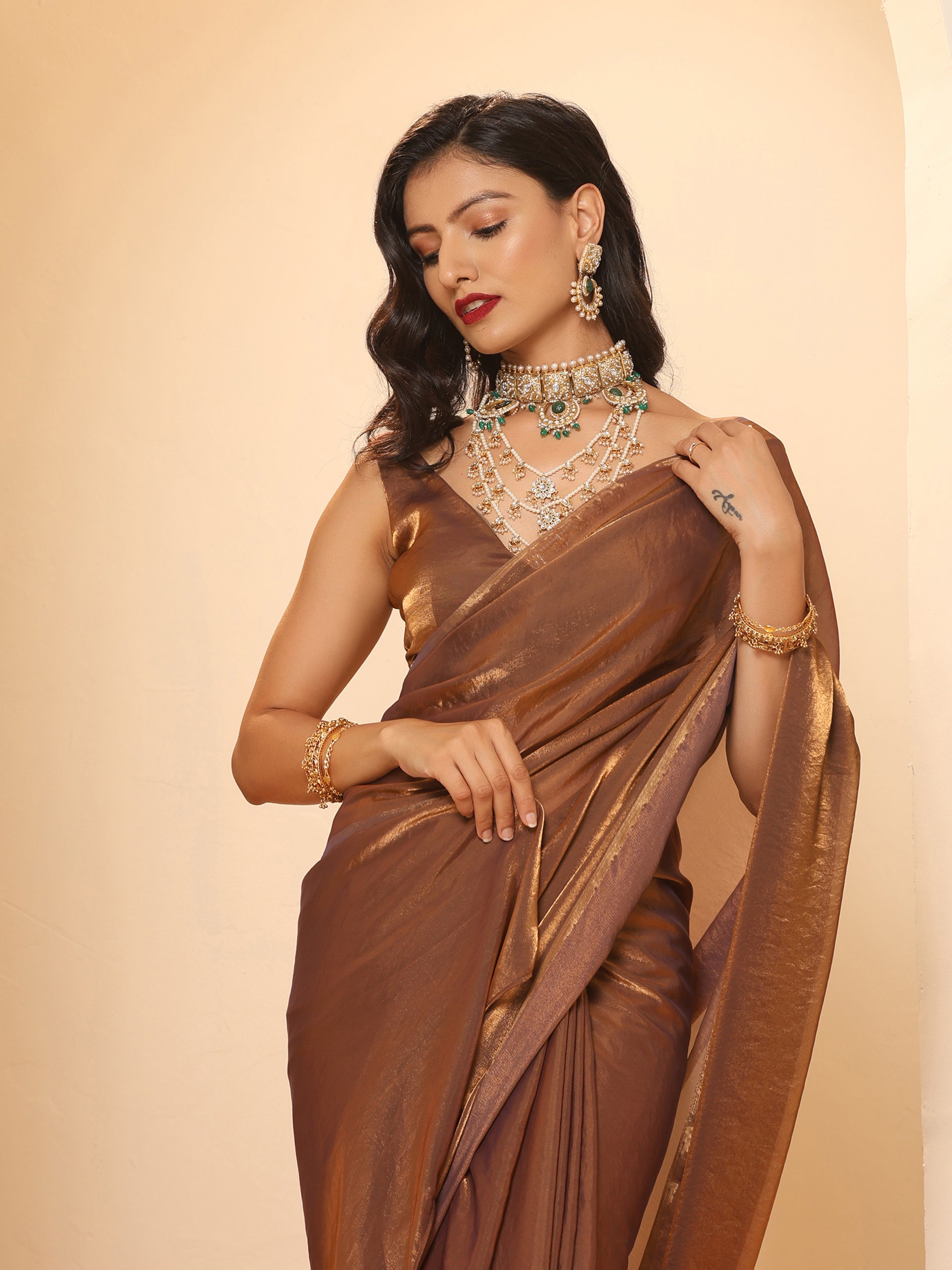 Arabian Glamour Gold Metallic Satin Saree with Beads with Blouse Fabric