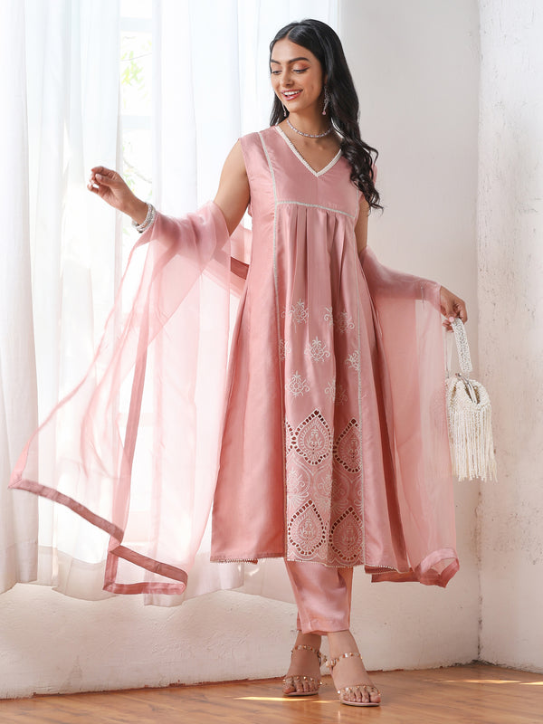 Women’s Pink Suit Set with Pant | 2 Pc Set, A-Line, Schiffli Embroidery on Front Panel, Sleeveless, Work Wear, Casual (PRF'T Lux Duchess Satin Fabric)
