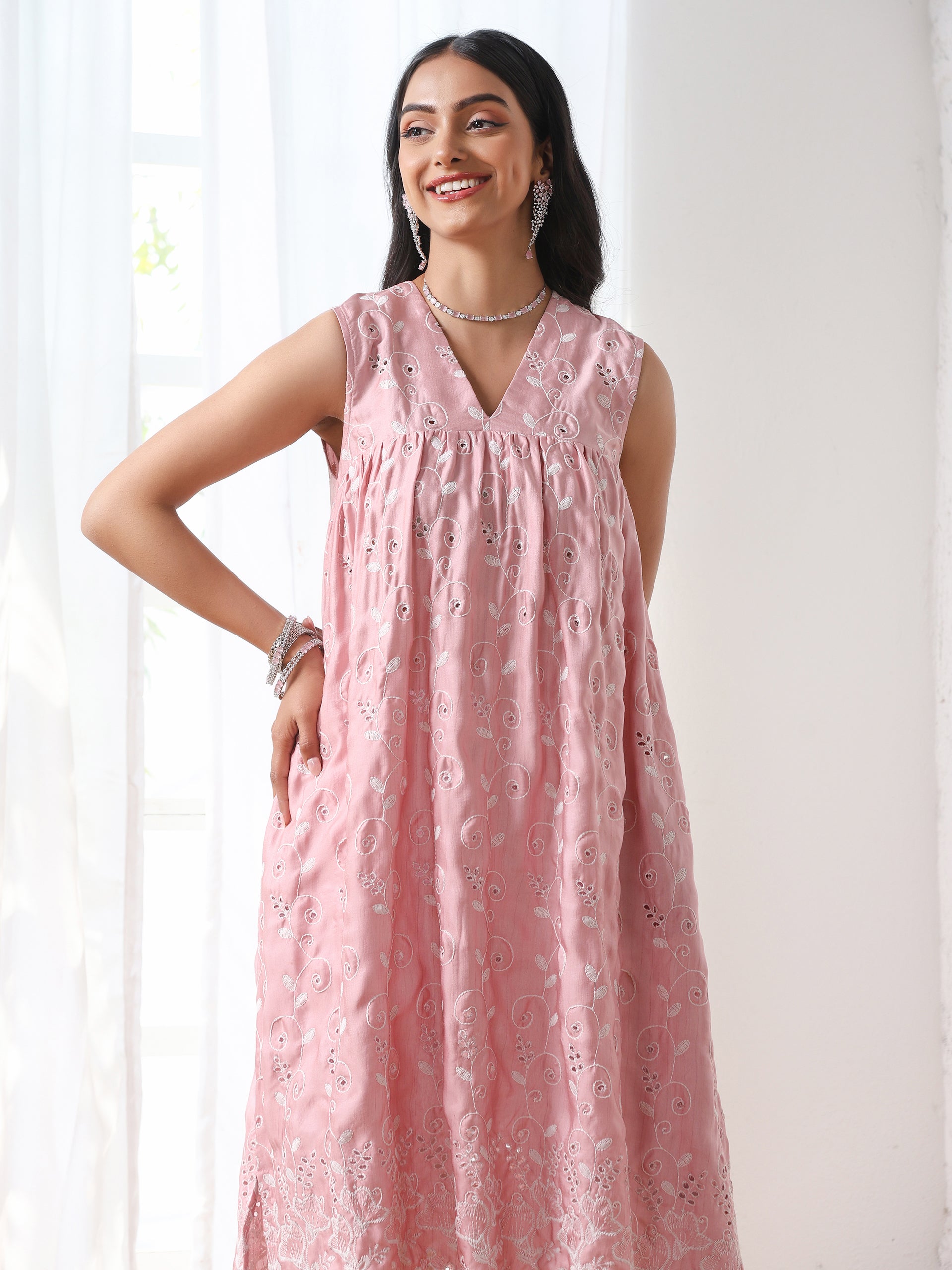 Women’s Pink  Gathered Suit Set with White Pant | 2 Pc Set, A-Line, Allover Swiss Embroidery, Sleeveless, Work wear, Casual (PRF'T Lux Duchess Satin Texture with Swiss Embroidery)