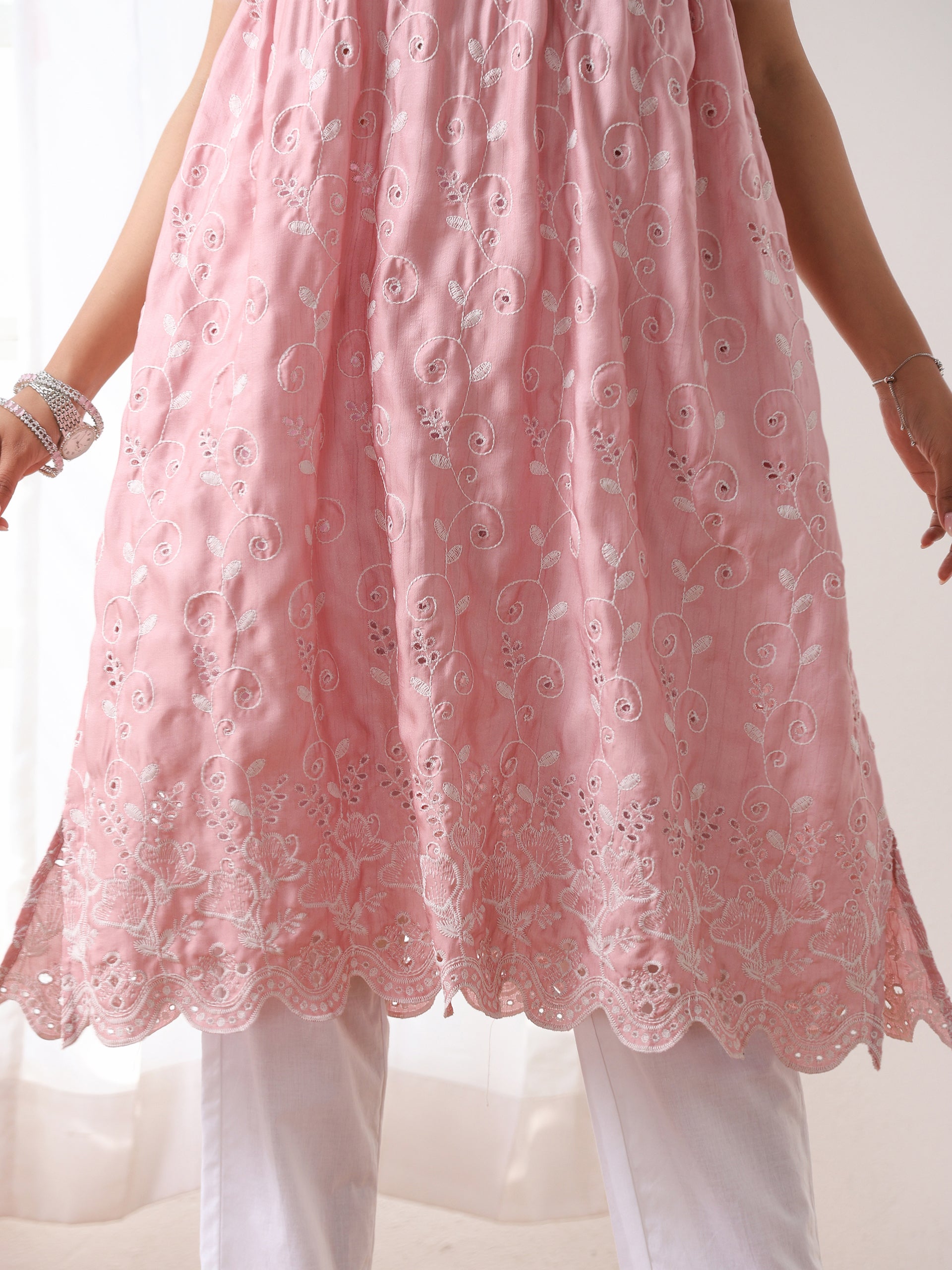Women’s Pink  Gathered Suit Set with White Pant | 2 Pc Set, A-Line, Allover Swiss Embroidery, Sleeveless, Work wear, Casual (PRF'T Lux Duchess Satin Texture with Swiss Embroidery)