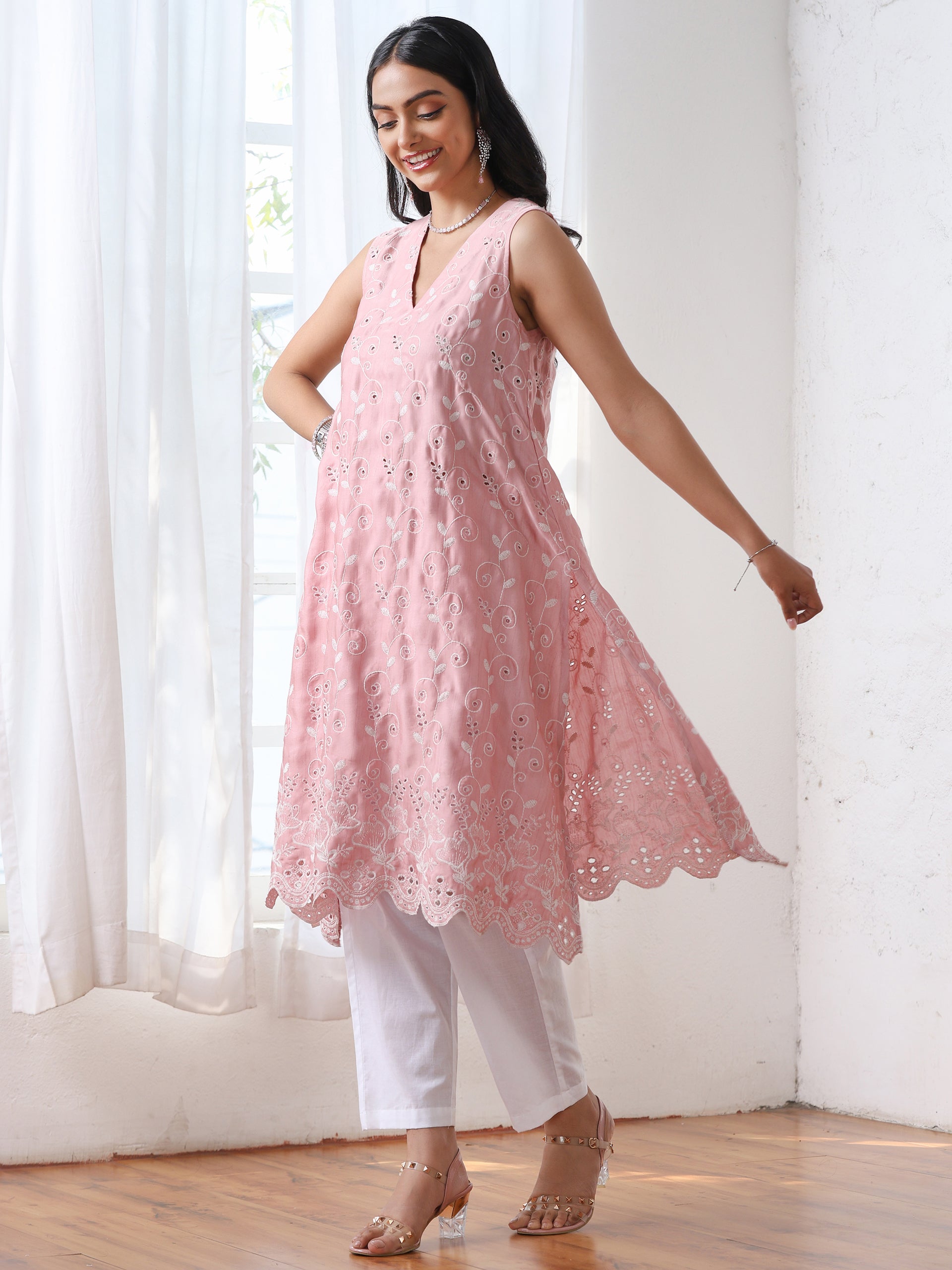 Women’s Pink Suit Set with White Pant | 2 Pc Set, A-Line, Allover Schiffli Embroidery, Sleeveless, Work Wear, Casual (PRF'T Lux Duchess Satin Fabric)