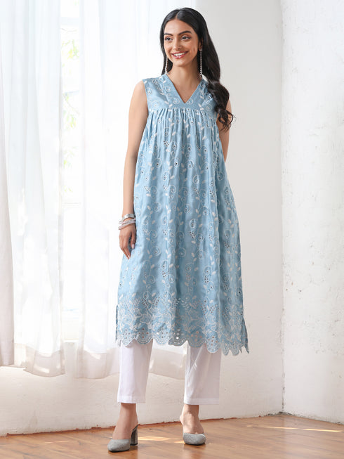Women’s Blue All Over Schffli Kurta | 1 Pc, Gathered Design, Allover Schiffli Embroidery, Sleeveless, Work Wear, Festive Party Wear (PRF'T Lux Duchess Satin Fabric)