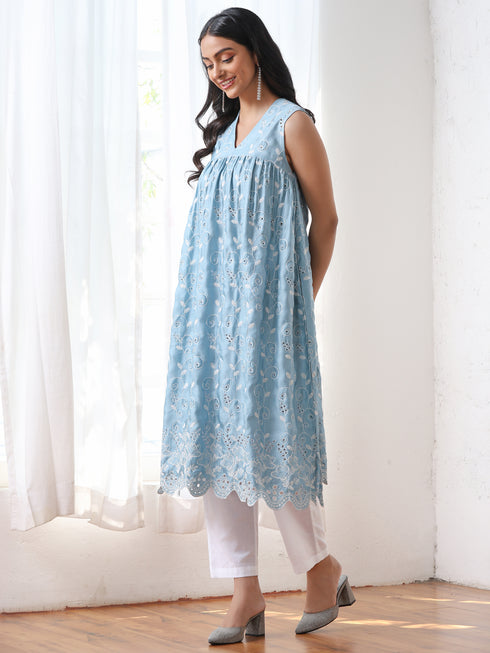 Women’s Blue All Over Schffli Kurta | 1 Pc, Gathered Design, Allover Schiffli Embroidery, Sleeveless, Work Wear, Festive Party Wear (PRF'T Lux Duchess Satin Fabric)