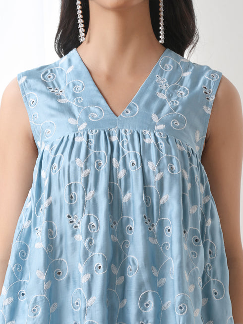 Women’s Blue All Over Schffli Kurta | 1 Pc, Gathered Design, Allover Schiffli Embroidery, Sleeveless, Work Wear, Festive Party Wear (PRF'T Lux Duchess Satin Fabric)