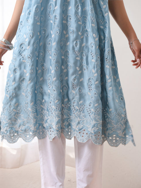 Women’s Blue All Over Schffli Kurta | 1 Pc, Gathered Design, Allover Schiffli Embroidery, Sleeveless, Work Wear, Festive Party Wear (PRF'T Lux Duchess Satin Fabric)
