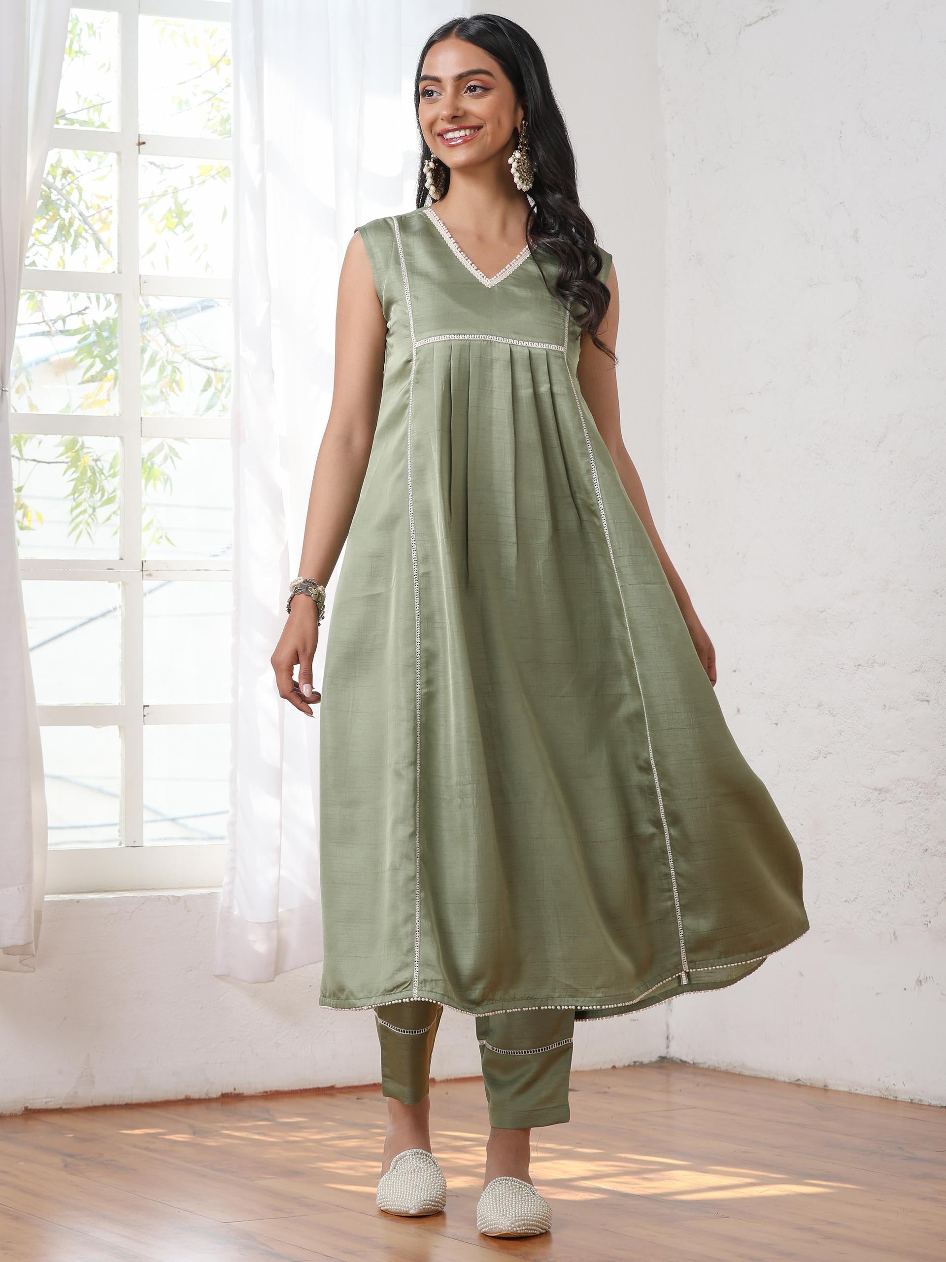 Women’s Sweet Pea Suit Set with Pant | 2 Pc Set, A-Line, Yoke & Lace Detailing, Sleeveless, Work Wear, Casual (PRF'T Lux Duchess Satin Fabric)