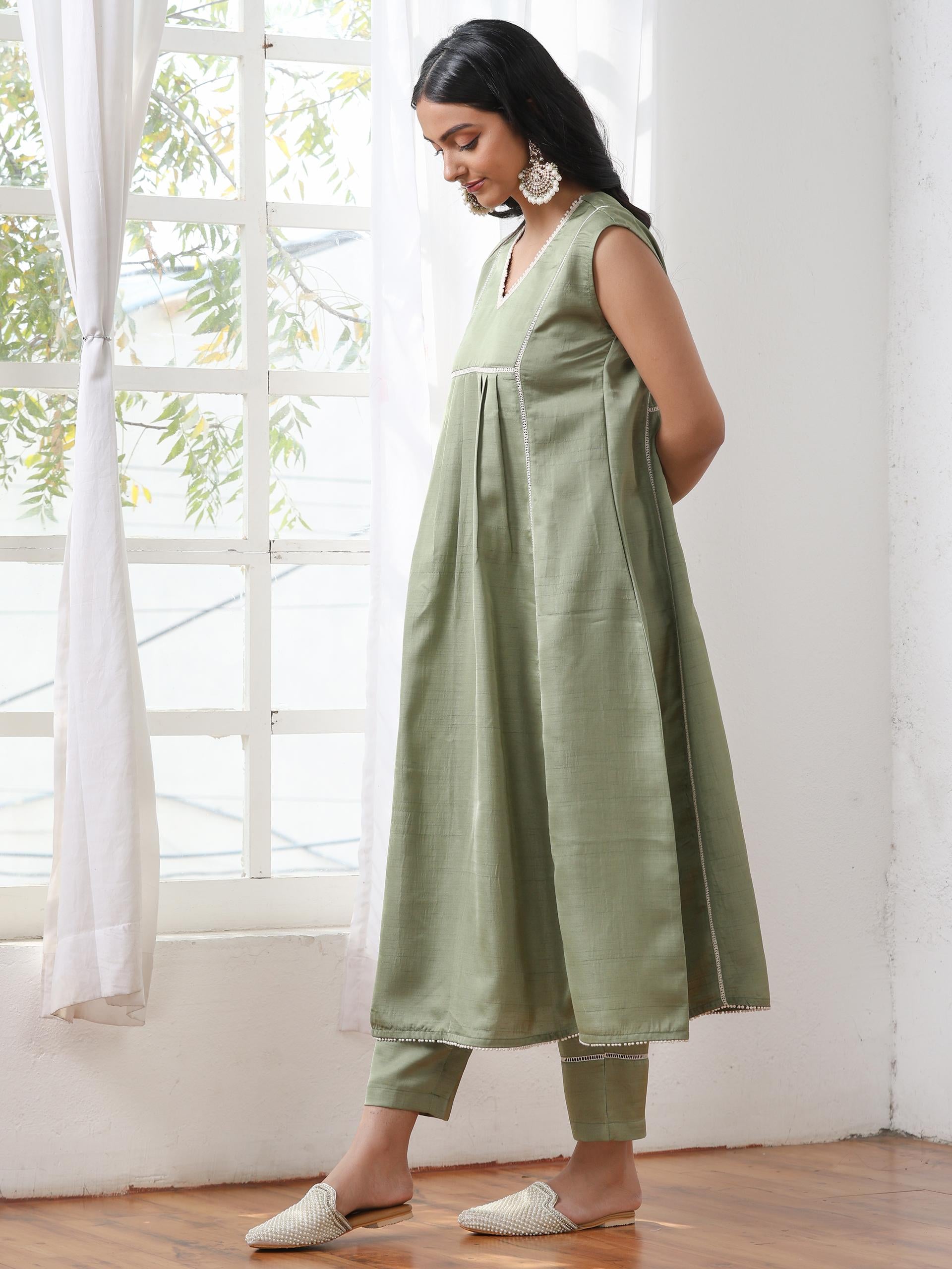Women’s Sweet Pea Suit Set with Pant | 2 Pc Set, A-Line, Yoke & Lace Detailing, Sleeveless, Work Wear, Casual (PRF'T Lux Duchess Satin Fabric)