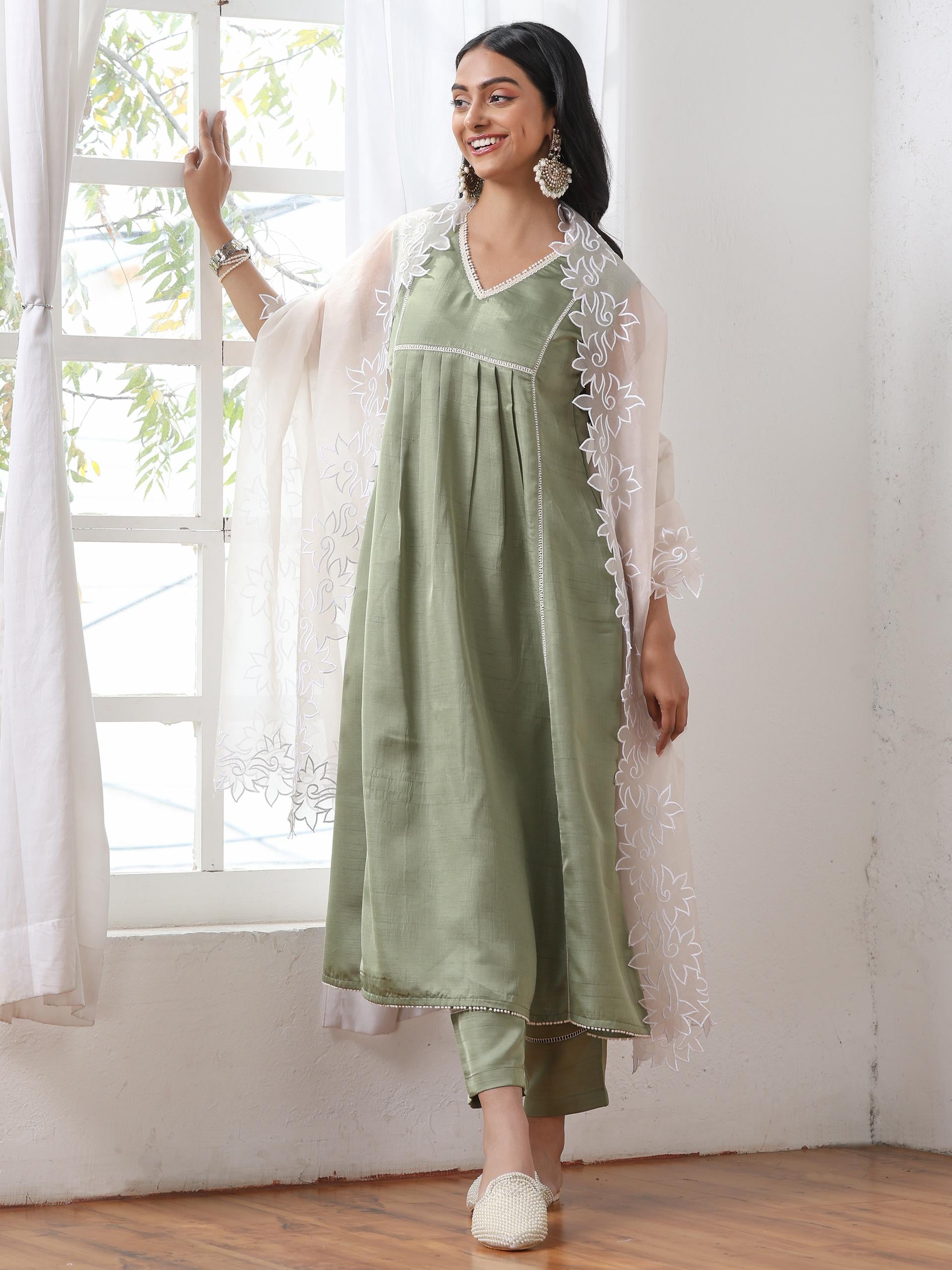 Women’s Sweet Pea Suit Set with Pant | 2 Pc Set, A-Line, Yoke & Lace Detailing, Sleeveless, Work Wear, Casual (PRF'T Lux Duchess Satin Fabric)