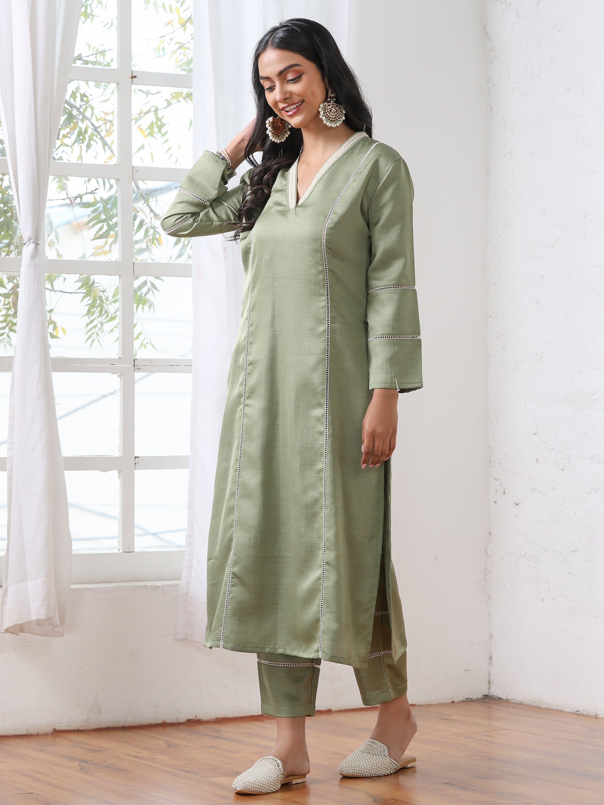 Women’s Sweet Pea Suit Set with Pant | 2 Pc Set, A-Line, Lace Detailing, V Neck, Work Wear, Casual (PRF'T Lux Duchess Satin Fabric)