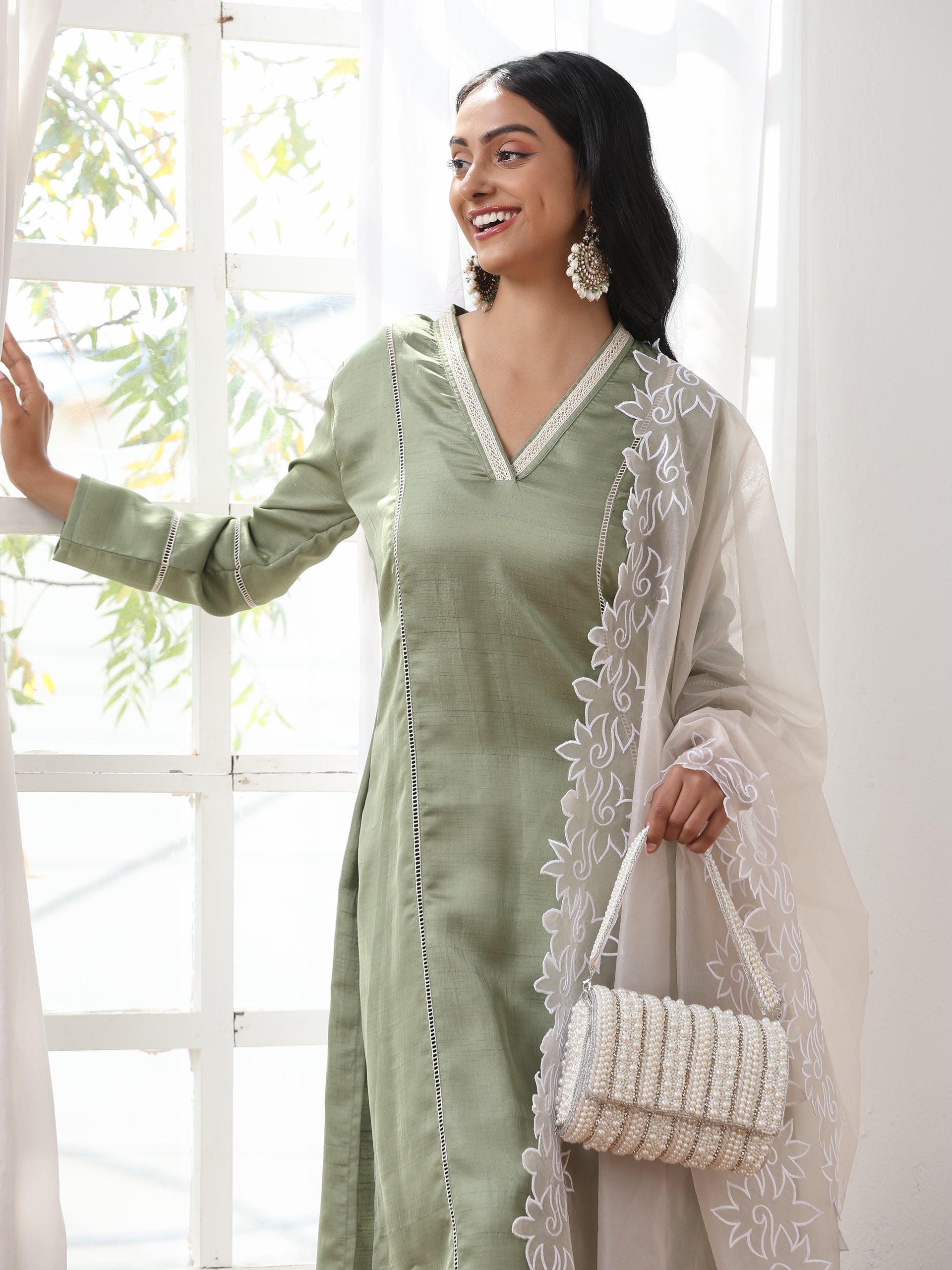 Women’s Sweet Pea Suit Set with Pant | 2 Pc Set, A-Line, Lace Detailing, V Neck, Work Wear, Casual (PRF'T Lux Duchess Satin Fabric)