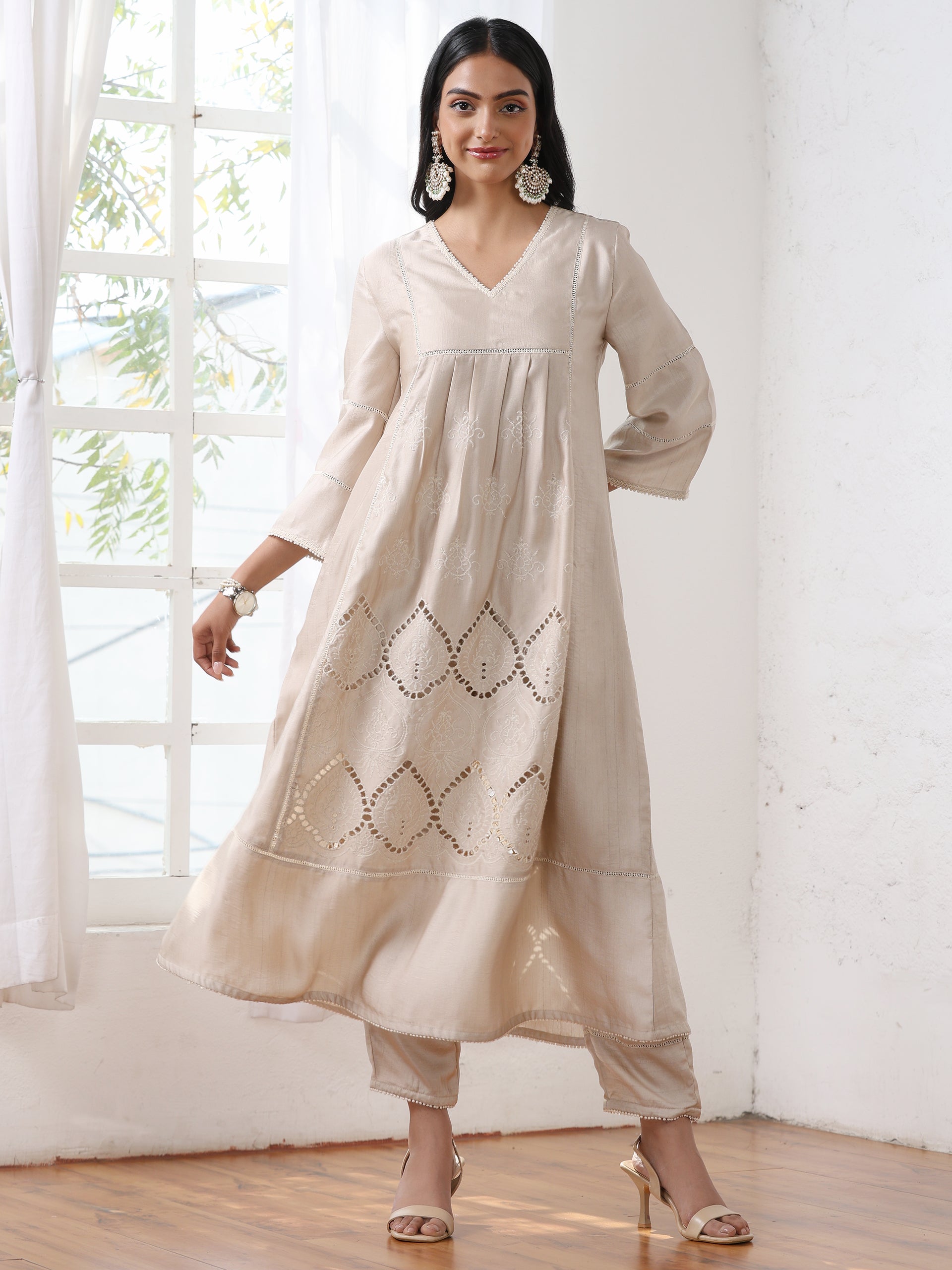 Women’s Cream Suit Set with Pant | 2 Pc Set, A-Line, Swiss Embroidery, 3/4 Sleeves, Work Wear, Casual (PRF'T Lux Duchess Satin Fabric)