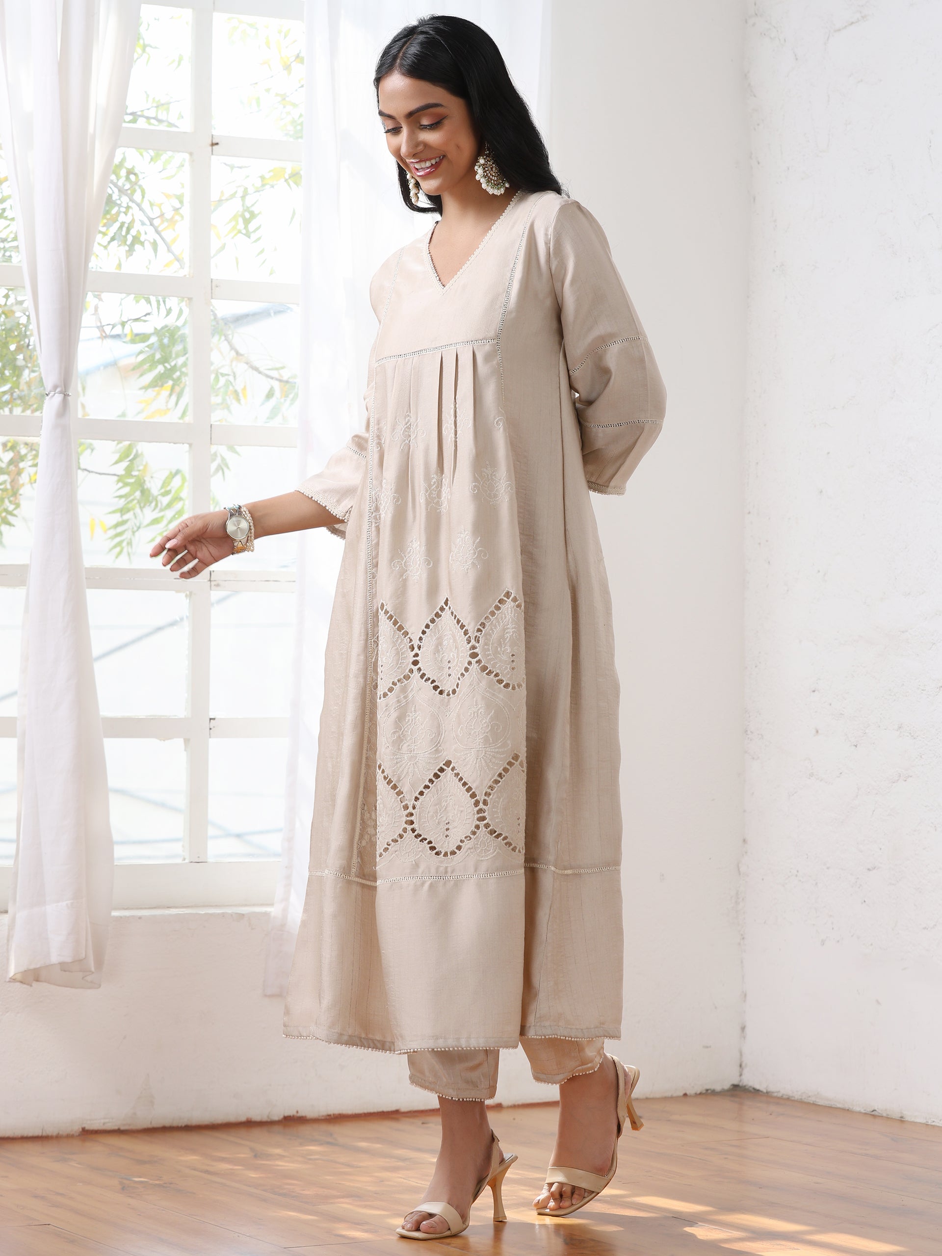 Women’s Cream Suit Set with Pant | 2 Pc Set, A-Line, Swiss Embroidery, 3/4 Sleeves, Work Wear, Casual (PRF'T Lux Duchess Satin Fabric)