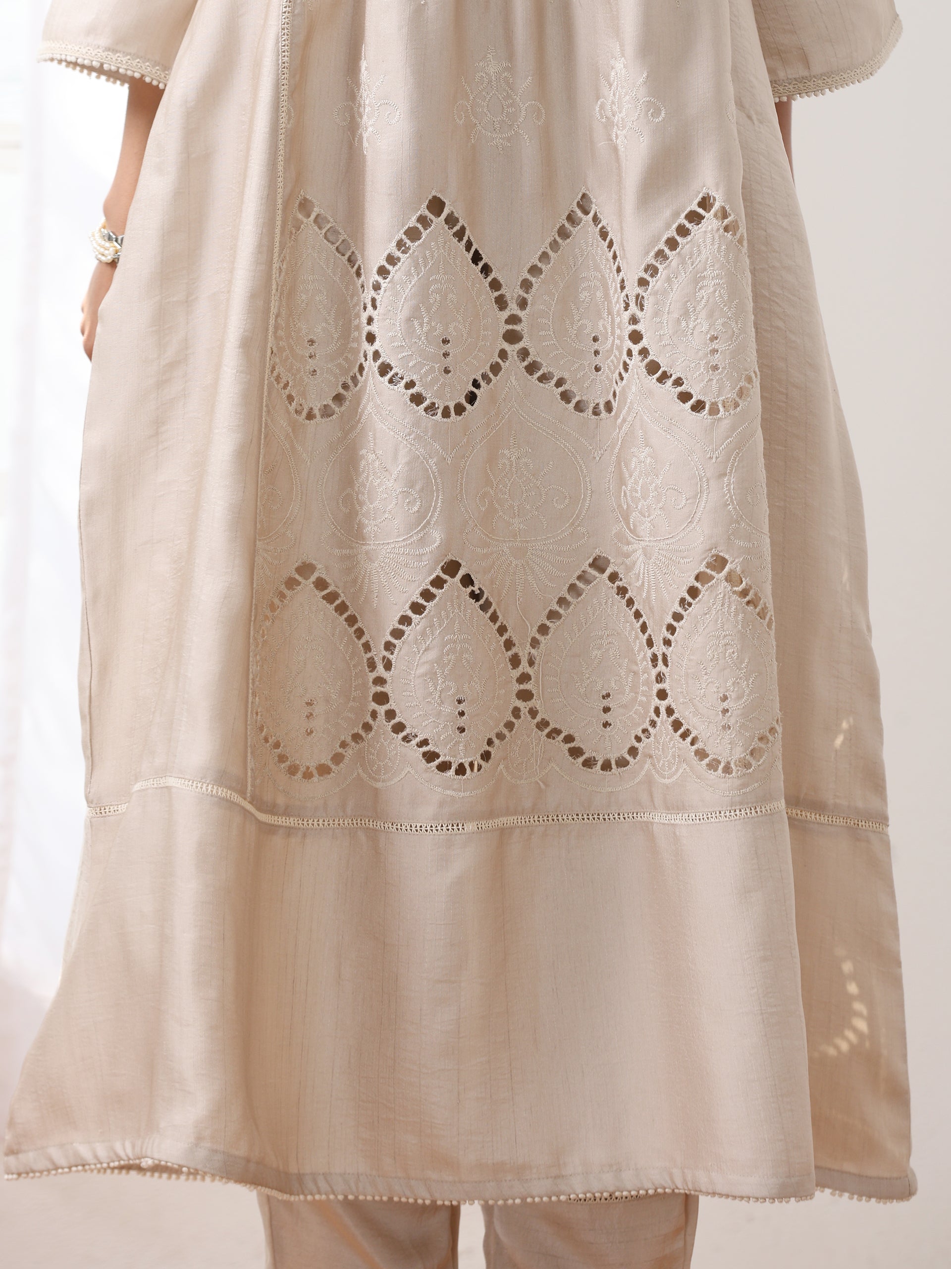 Women’s Cream Suit Set with Pant | 2 Pc Set, A-Line, Swiss Embroidery, 3/4 Sleeves, Work Wear, Casual (PRF'T Lux Duchess Satin Fabric)