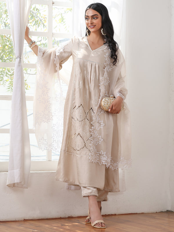 Women’s Cream Suit Set with Pant | 2 Pc Set, A-Line, Swiss Embroidery, 3/4 Sleeves, Work Wear, Casual (PRF'T Lux Duchess Satin Fabric)
