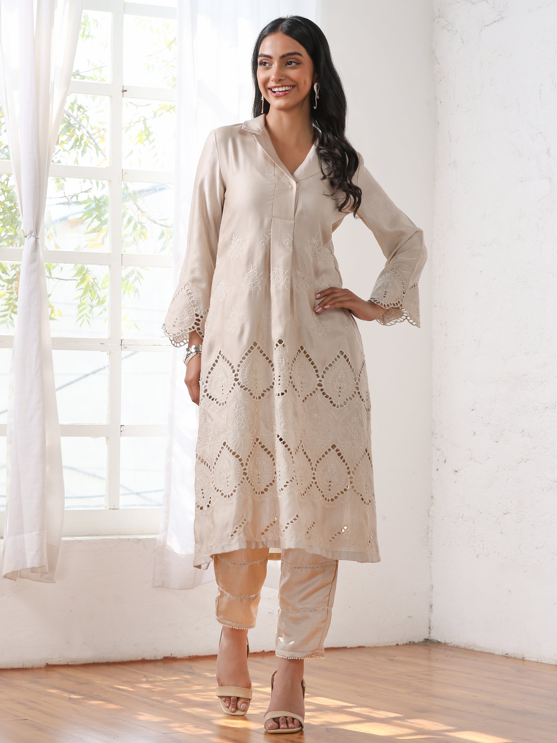 Women’s Cream Suit Set with Pant | 2 Pc Set, A-Line, Swiss Embroidery on Kurta & Pants, Work Wear, Casual (PRF'T Lux Duchess Satin Fabric)