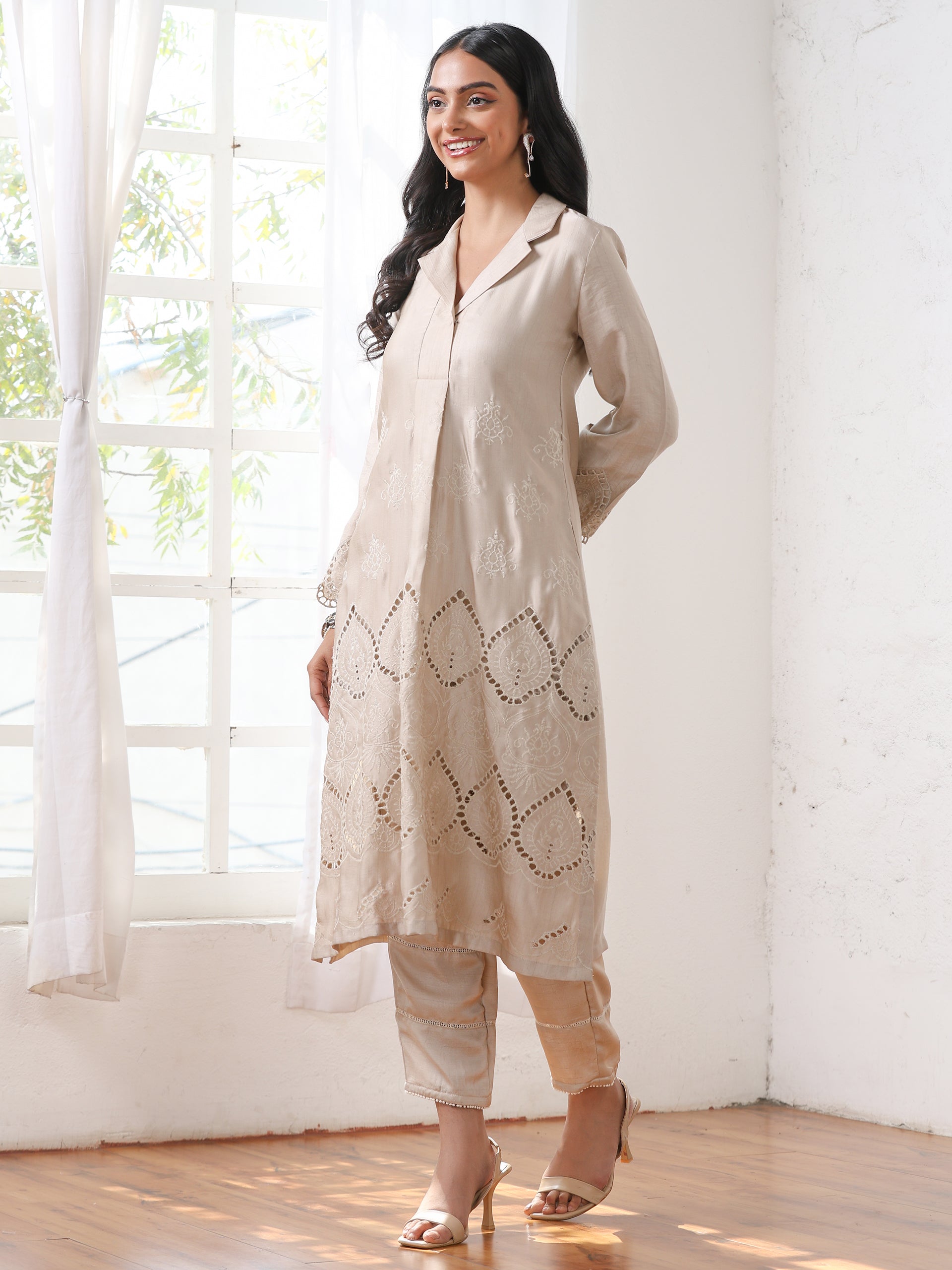 Women’s Cream Suit Set with Pant | 2 Pc Set, A-Line, Swiss Embroidery on Kurta & Pants, Work Wear, Casual (PRF'T Lux Duchess Satin Fabric)