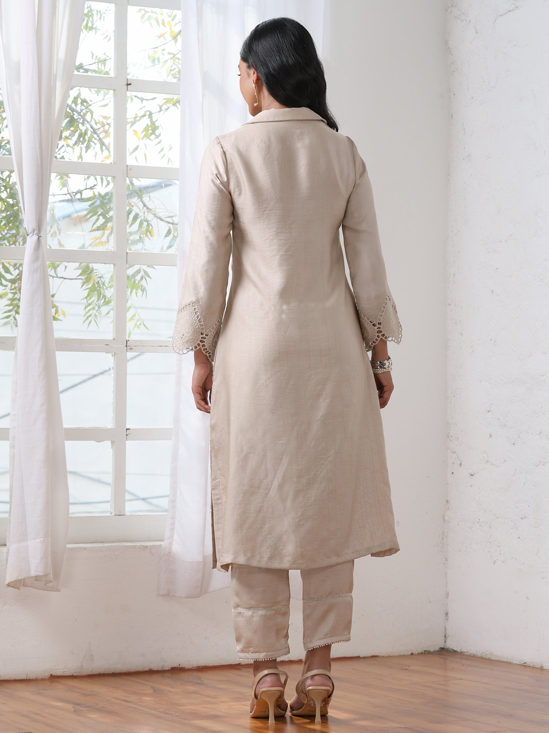 Women’s Cream Suit Set with Pant | 2 Pc Set, A-Line, Swiss Embroidery on Kurta & Pants, Work Wear, Casual (PRF'T Lux Duchess Satin Fabric)