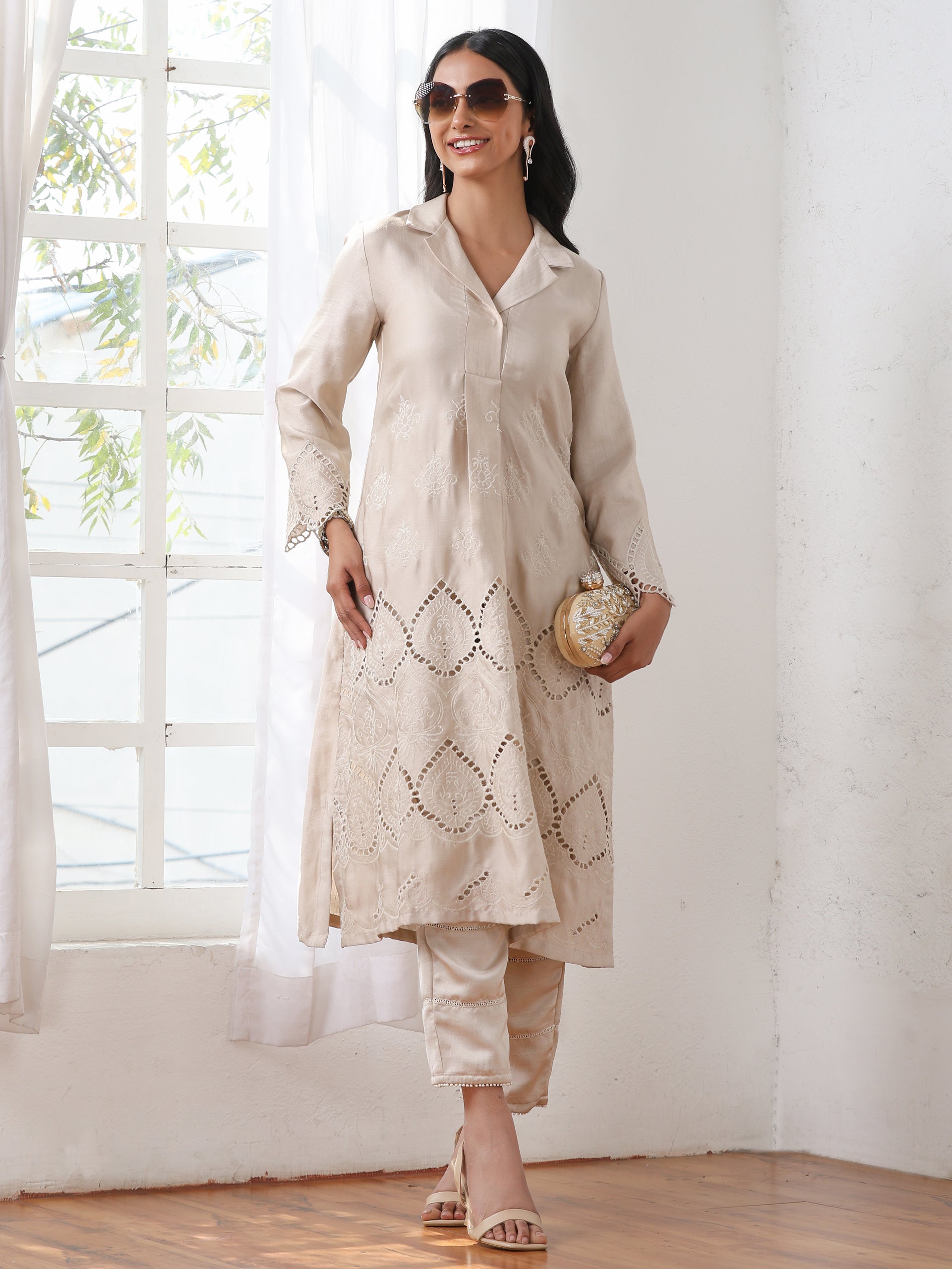 Women’s Cream Suit Set with Pant | 2 Pc Set, A-Line, Swiss Embroidery on Kurta & Pants, Work Wear, Casual (PRF'T Lux Duchess Satin Fabric)