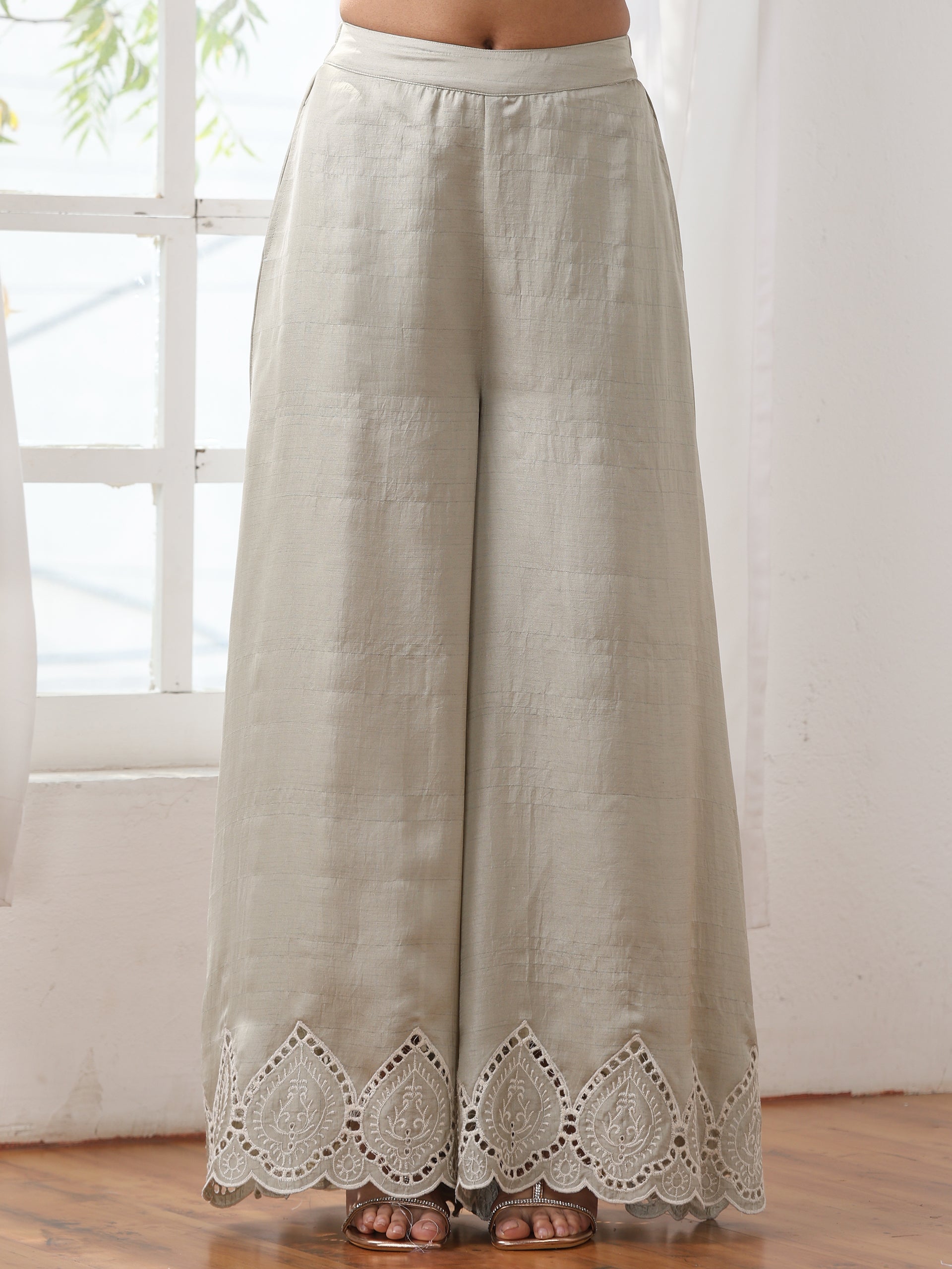 Women’s Sage Schiffli Palazzo | 1 Pc, PRF'T Lux Duchess Satin Fabric, Schiffli Embroidery, Festive Party Wear