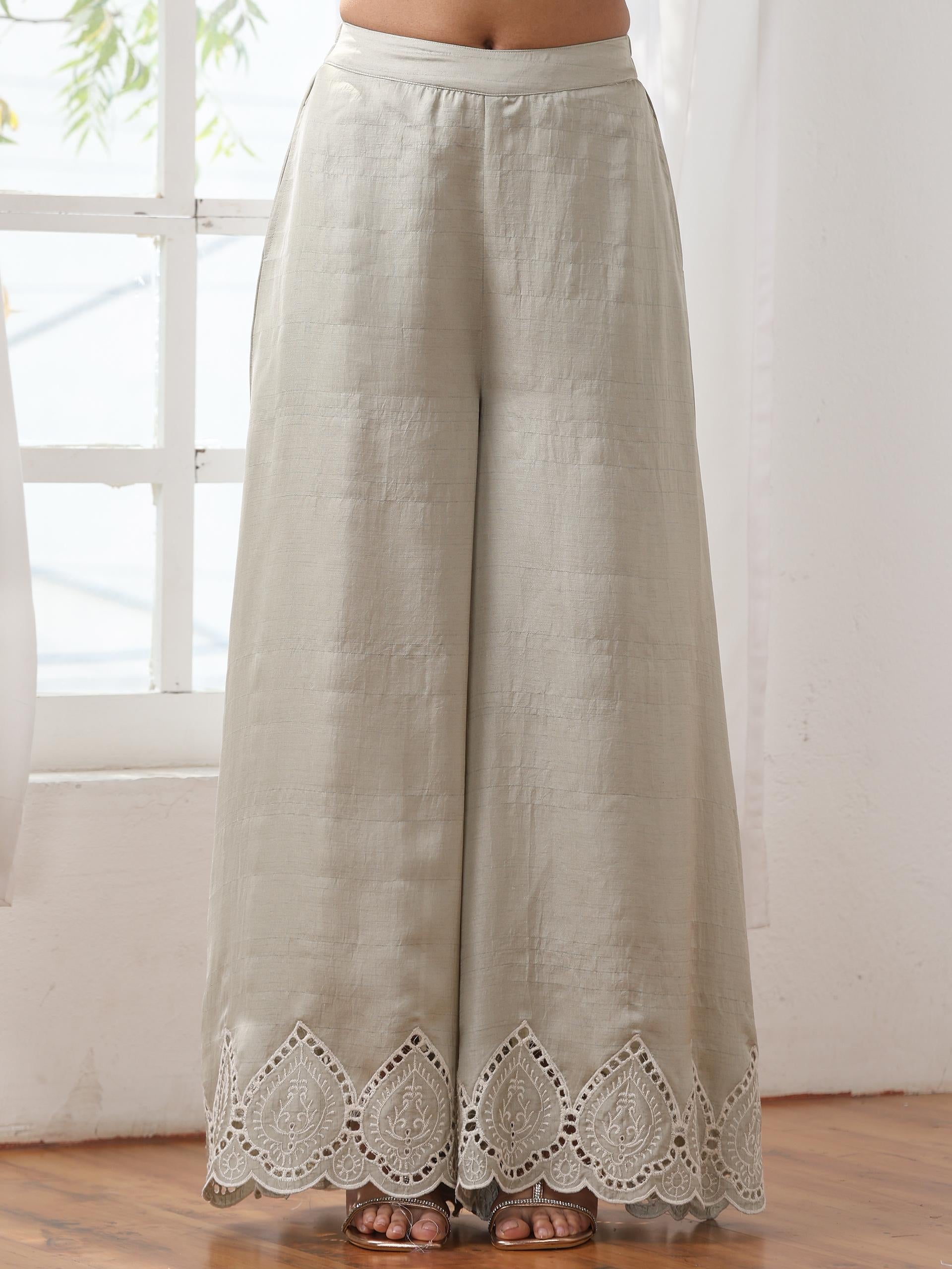 Women’s Sage Suit Set with Palazzo | 2 Pc Set, Halter Neck, Schiffli Embroidery on Hem, Sleeveless, Party Wear, Casual (PRF'T Lux Duchess Satin Fabric)
