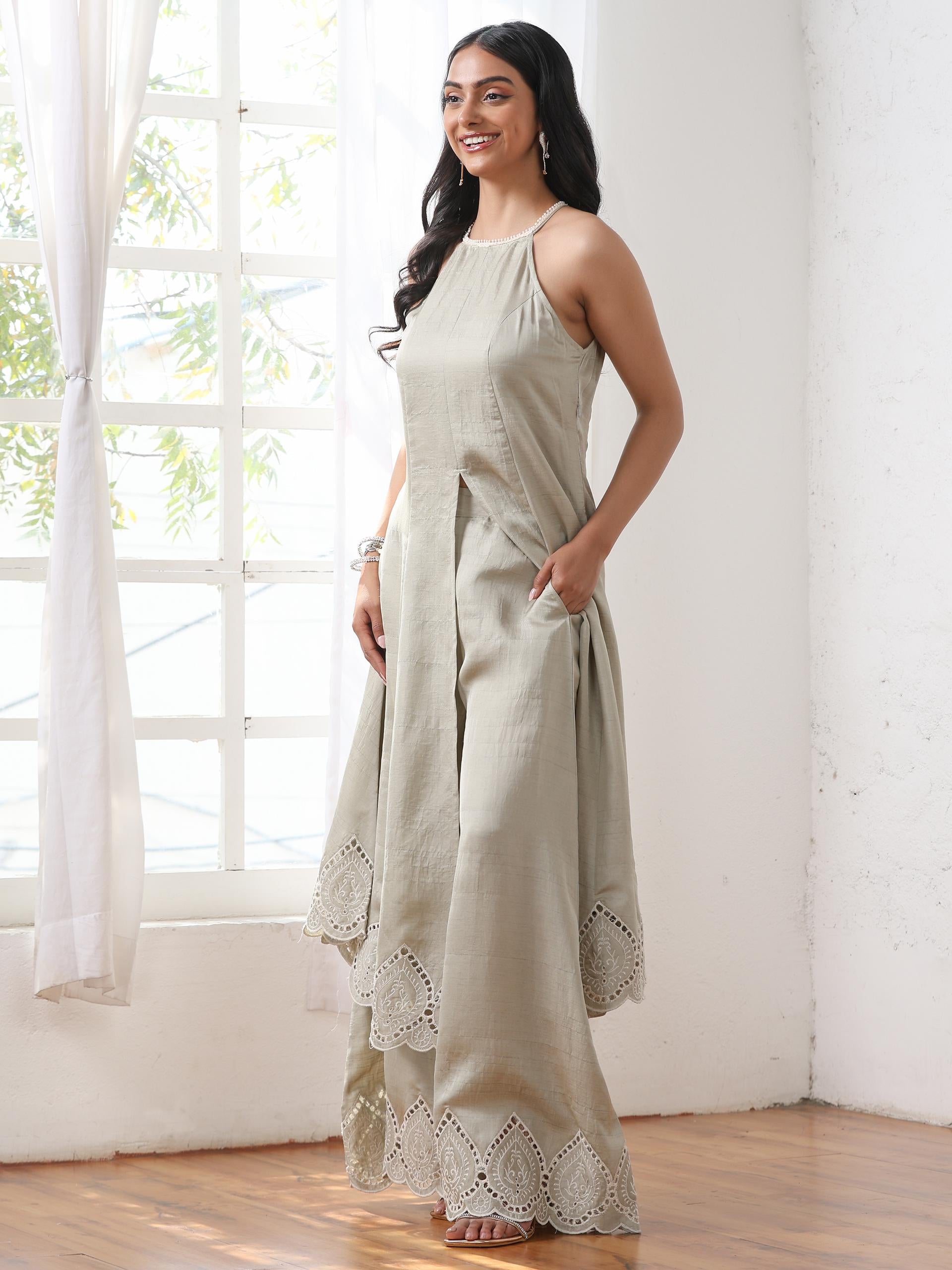 Women’s Sage Suit Set with Palazzo | 2 Pc Set, Halter Neck, Schiffli Embroidery on Hem, Sleeveless, Party Wear, Casual (PRF'T Lux Duchess Satin Fabric)
