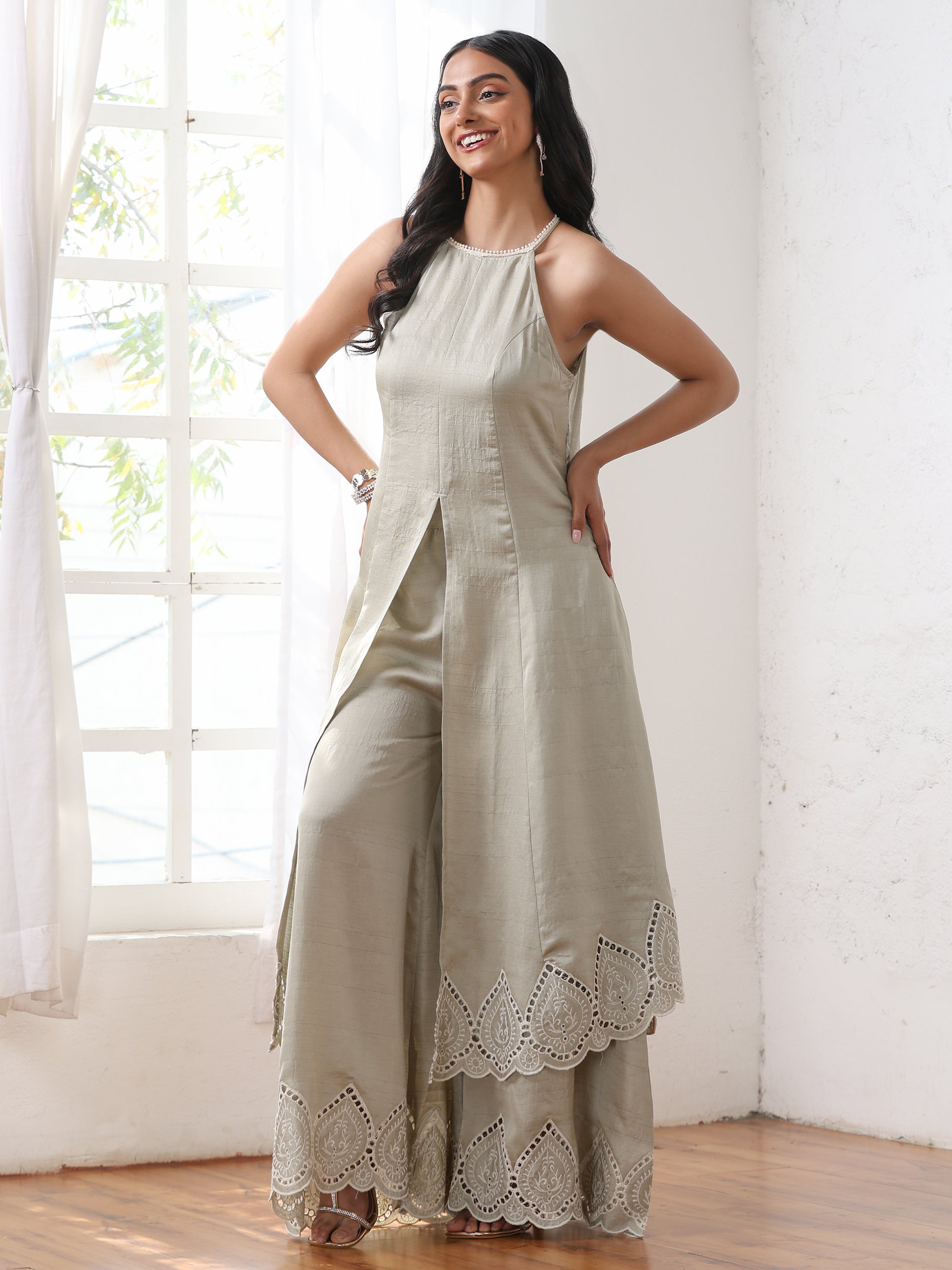 Women’s Sage Schiffli Palazzo | 1 Pc, PRF'T Lux Duchess Satin Fabric, Schiffli Embroidery, Festive Party Wear