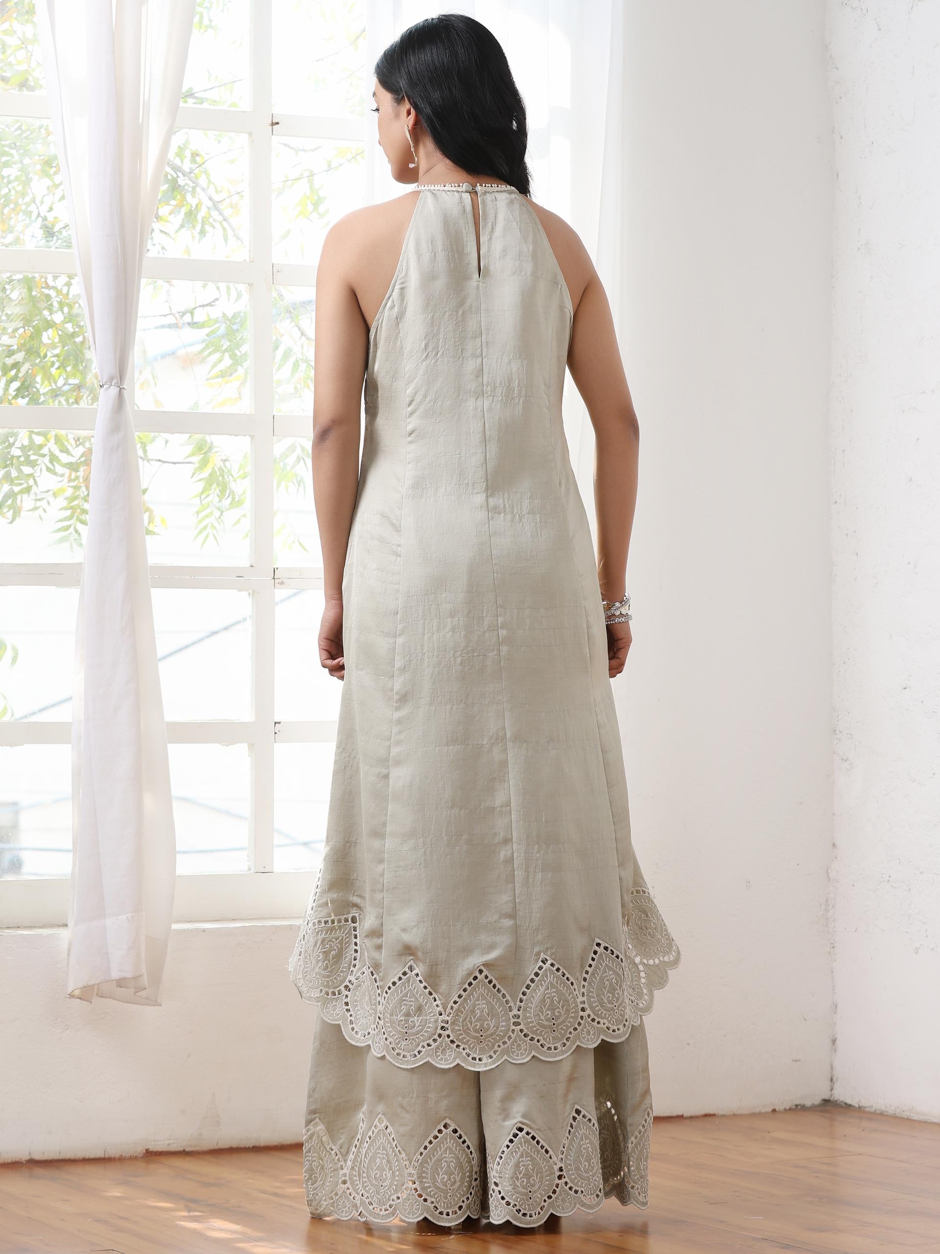 Women’s Sage Suit Set with Palazzo | 2 Pc Set, Halter Neck, Schiffli Embroidery on Hem, Sleeveless, Party Wear, Casual (PRF'T Lux Duchess Satin Fabric)