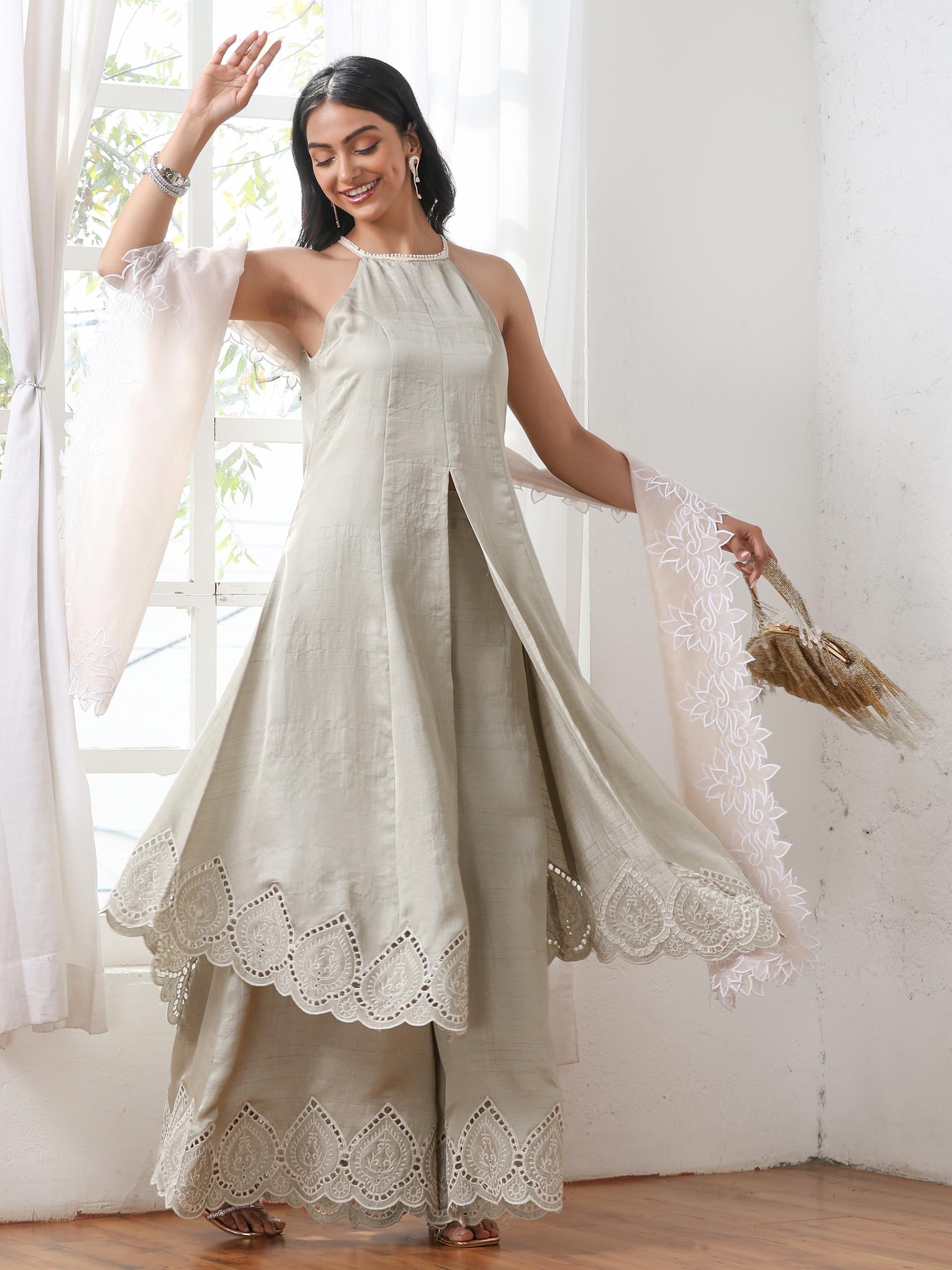 Women’s Sage Suit Set with Palazzo | 2 Pc Set, Halter Neck, Schiffli Embroidery on Hem, Sleeveless, Party Wear, Casual (PRF'T Lux Duchess Satin Fabric)