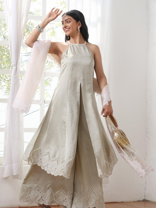 Women’s Sage Suit Set with Palazzo | 2 Pc Set, Halter Neck, Schiffli Embroidery on Hem, Sleeveless, Party Wear, Casual (PRF'T Lux Duchess Satin Fabric)