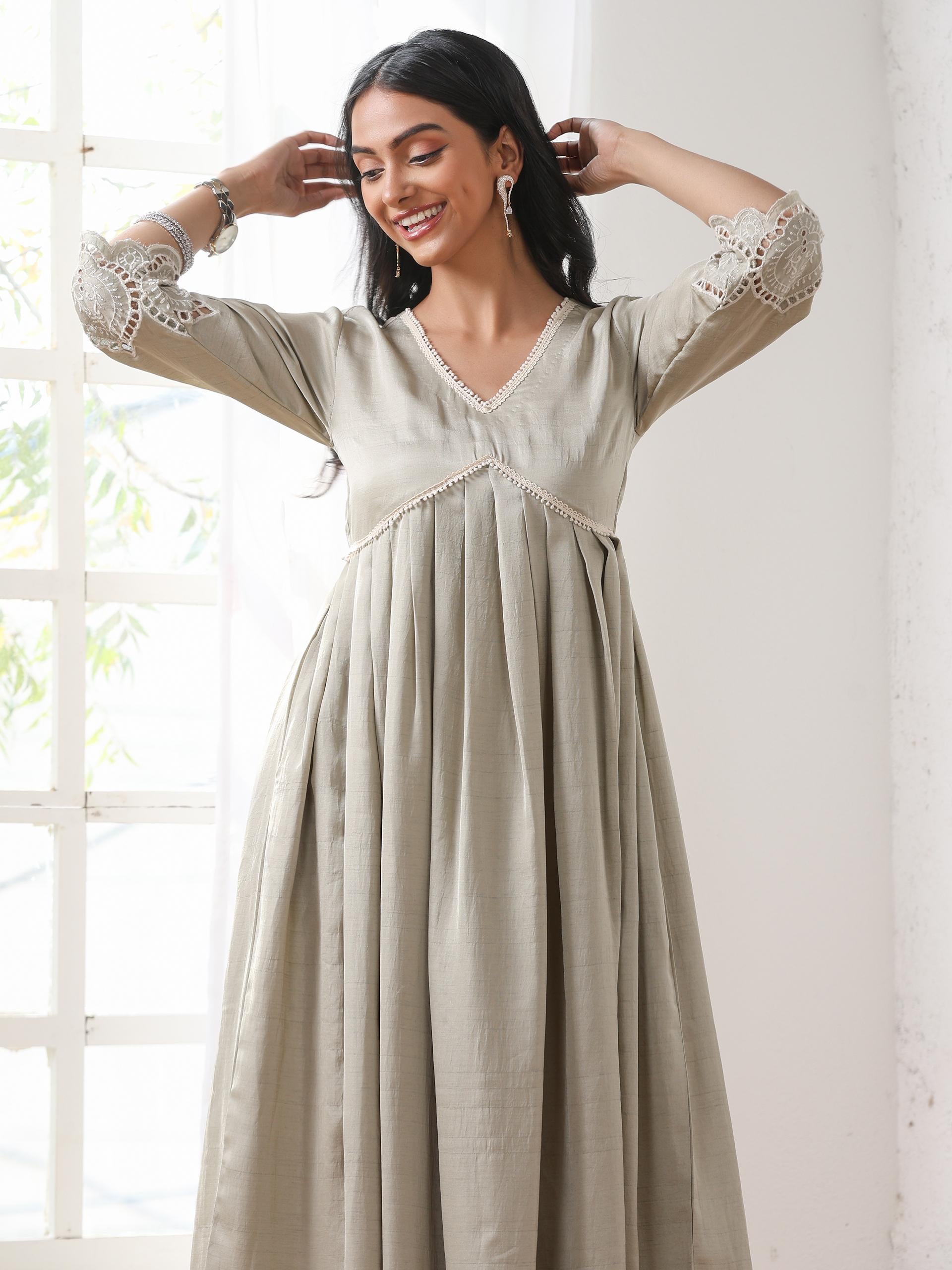 Women’s Sage Anarkali Suit Set with Palazzo | 2 Pc Set, Anarkali Style, Schiffli Embroidery on Hem, 3/4th Sleeves, Festive Party Wear (PRF'T Lux Duchess Satin Fabric)