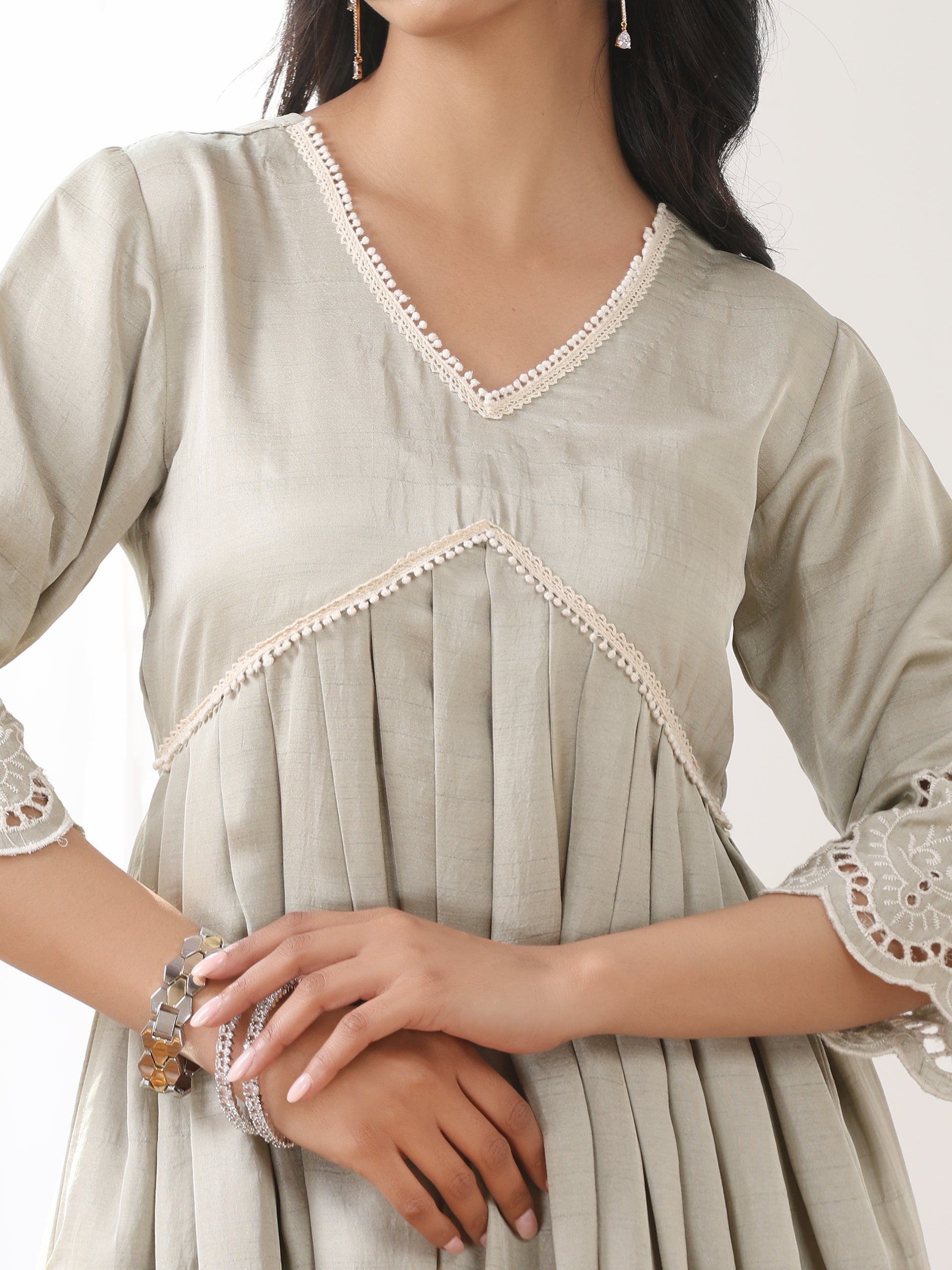 Women’s Sage Anarkali Suit Set with Palazzo | 2 Pc Set, Anarkali Style, Schiffli Embroidery on Hem, 3/4th Sleeves, Festive Party Wear (PRF'T Lux Duchess Satin Fabric)