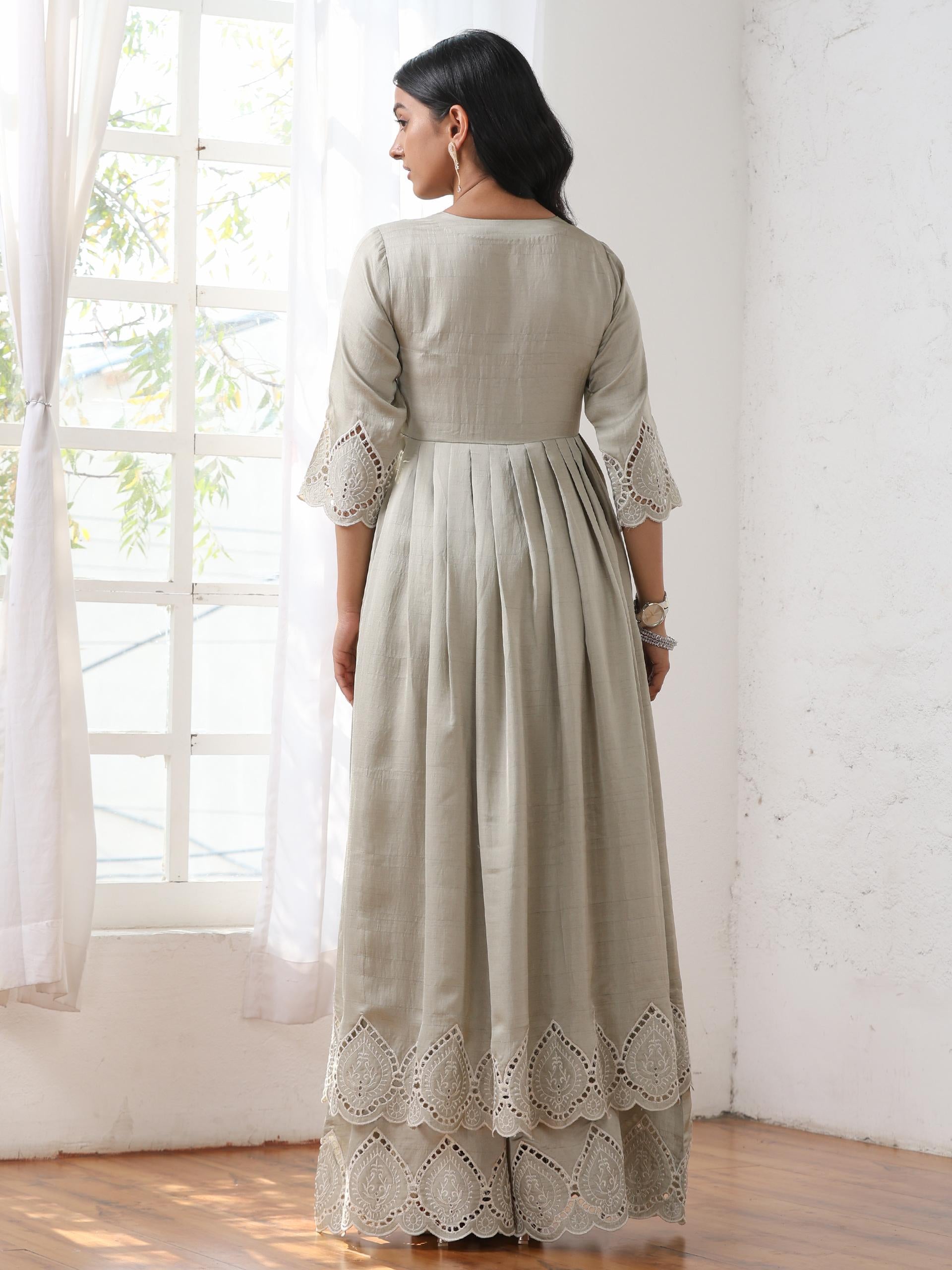 Women’s Sage Anarkali Suit Set with Palazzo | 2 Pc Set, Anarkali Style, Schiffli Embroidery on Hem, 3/4th Sleeves, Festive Party Wear (PRF'T Lux Duchess Satin Fabric)