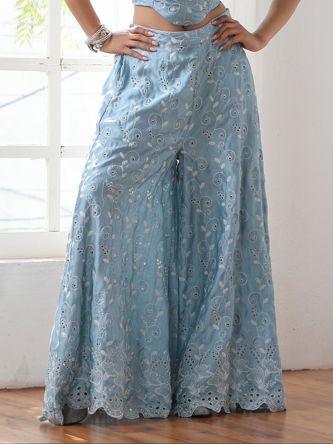 Women’s Blue All Over Schiffli Palazzo | 1 Pc, PRF'T Lux Duchess Satin Fabric, Allover Schiffli Embroidery, Festive Party Wear
