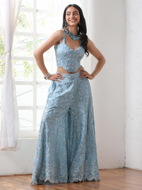Women’s Blue Suit Set with Corset, Palazzo & Jacket | 3 Pc Set, Allover Schiffli Embroidery, Sleeveless, Festive Party Wear (PRF'T Lux Duchess Satin Fabric)