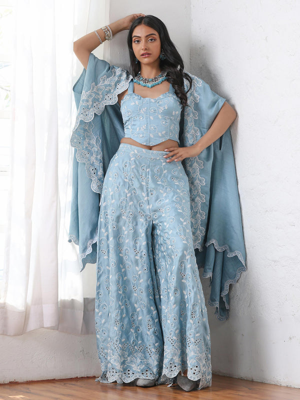 Women’s Blue Suit Set with Corset, Palazzo & Jacket | 3 Pc Set, Allover Schiffli Embroidery, Sleeveless, Festive Party Wear (PRF'T Lux Duchess Satin Fabric)