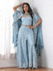 Women’s Blue Suit Set with Corset, Palazzo & Jacket | 3 Pc Set, Allover Schiffli Embroidery, Sleeveless, Festive Party Wear (PRF'T Lux Duchess Satin Fabric)