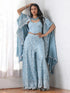 Women’s Blue Suit Set with Corset, Palazzo & Jacket | 3 Pc Set, Allover Schiffli Embroidery, Sleeveless, Festive Party Wear (PRF'T Lux Duchess Satin Fabric)