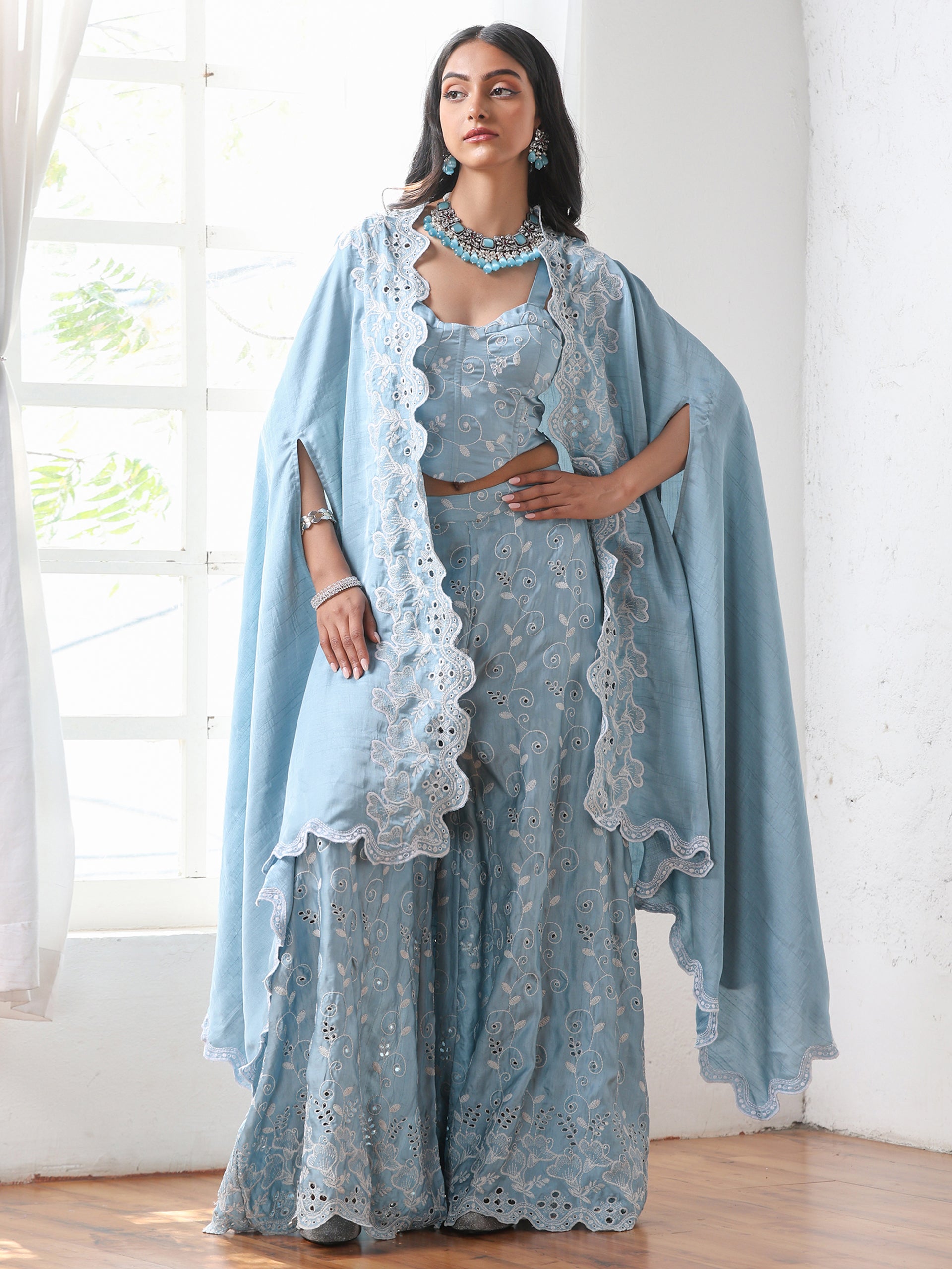 Women’s Blue All Over Schiffli Palazzo | 1 Pc, PRF'T Lux Duchess Satin Fabric, Allover Schiffli Embroidery, Festive Party Wear