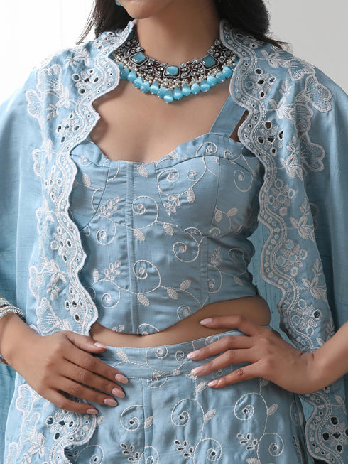 Women’s Blue Suit Set with Corset, Palazzo & Jacket | 3 Pc Set, Allover Schiffli Embroidery, Sleeveless, Festive Party Wear (PRF'T Lux Duchess Satin Fabric)