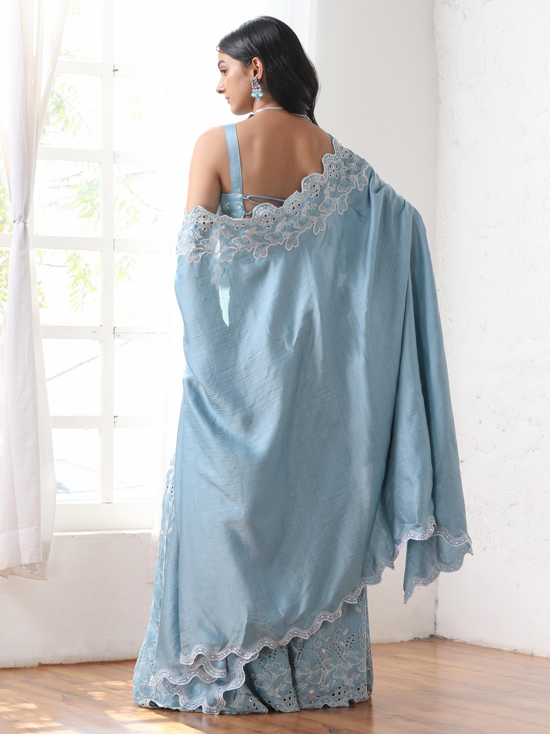 Women’s Blue Suit Set with Corset, Palazzo & Jacket | 3 Pc Set, Allover Schiffli Embroidery, Sleeveless, Festive Party Wear (PRF'T Lux Duchess Satin Fabric)